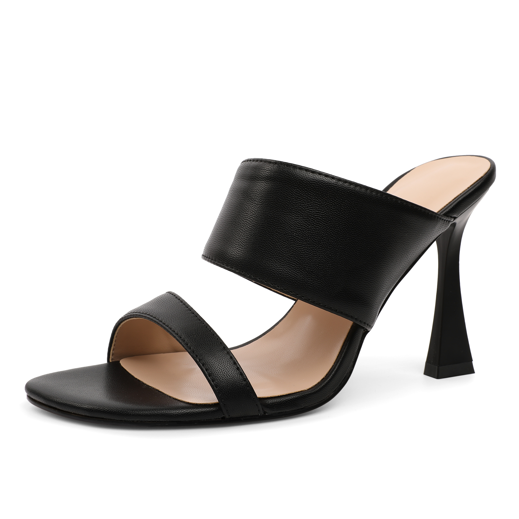SAMMITOP 3.9 Inch Matte Black PU Leather Summer Mule Heels with Cone Heel