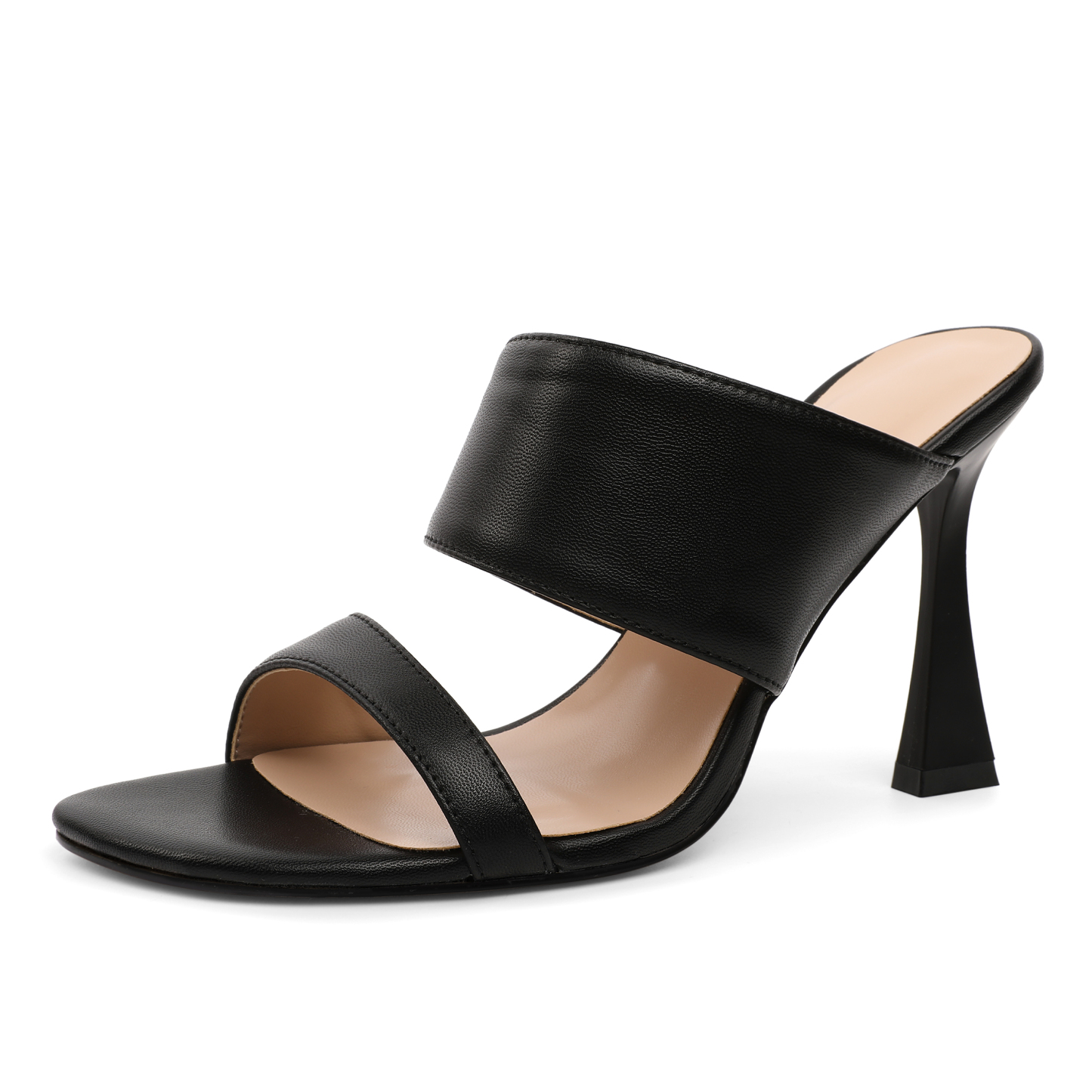 SAMMITOP 3.9 Inch Matte Black PU Leather Summer Mule Heels with Cone Heel