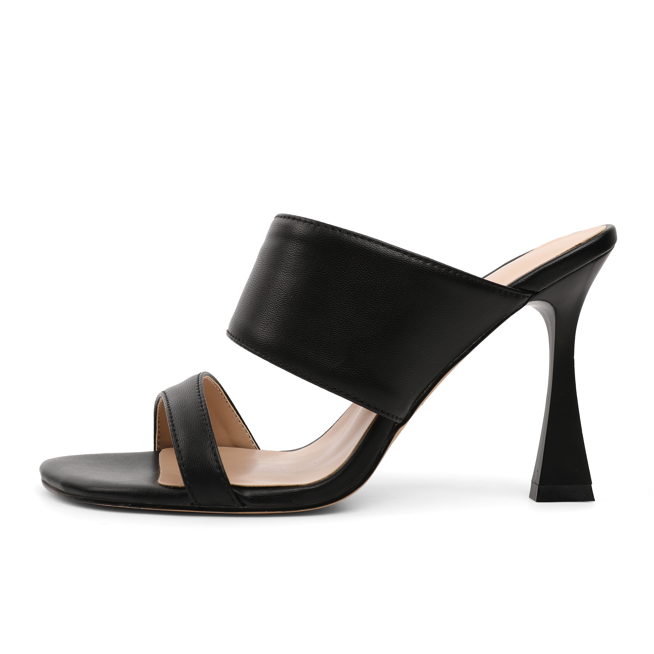Side View: Profile of the 10cm cone stiletto heel with sleek strap design