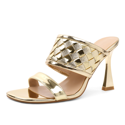 Glossy Gold Patent Leather Stiletto Heels with Square Toe