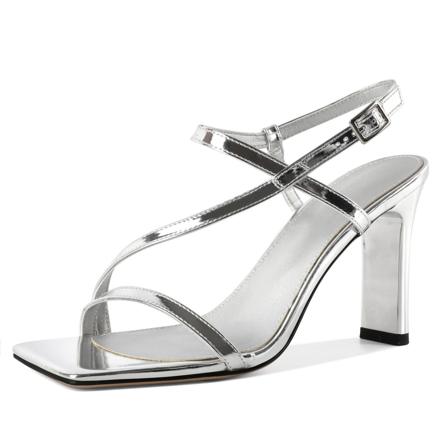 SAMMITOP silver chunky heels with square toe and ankle straps