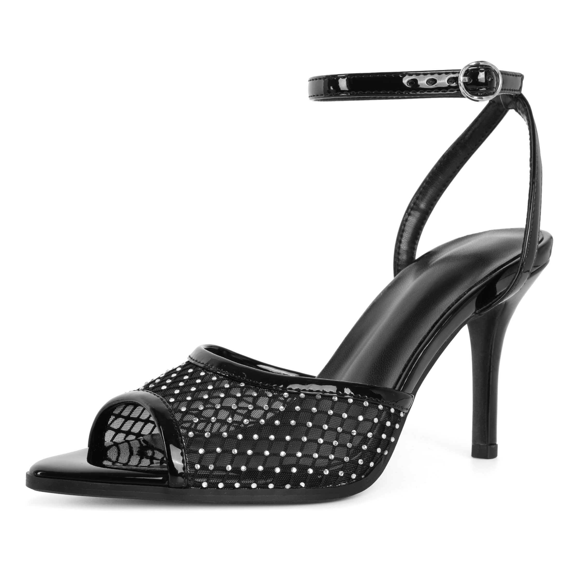 SAMMITOP 3.5 Inch Sheer black mesh with shimmering rhinestones, paired with a sleek black stiletto heel for modern elegance and night-out glam.