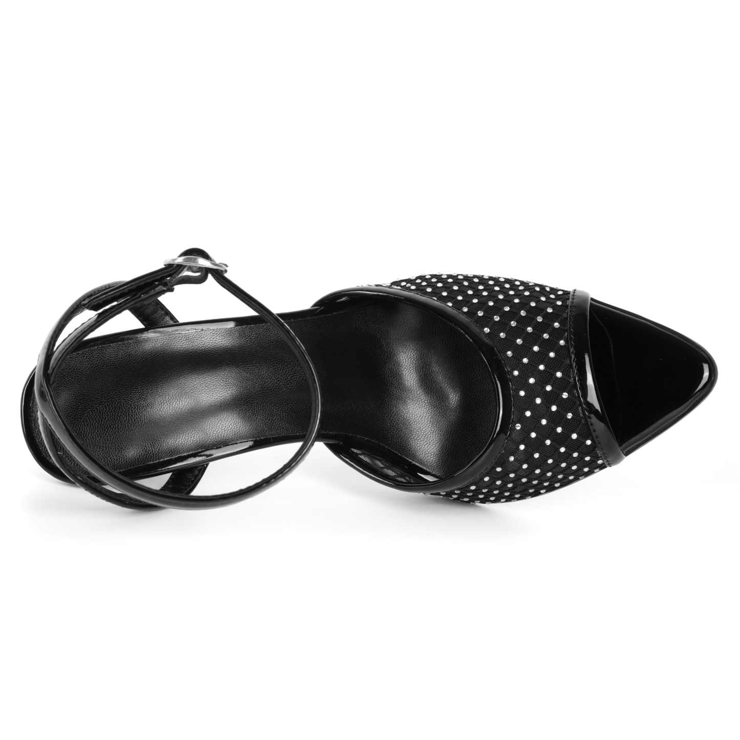 SAMMITOP 3.5 Inch Mesh Sparkly Rhinestones Ankle Strap Sandals Overhead angle revealing peep toe and strap placement