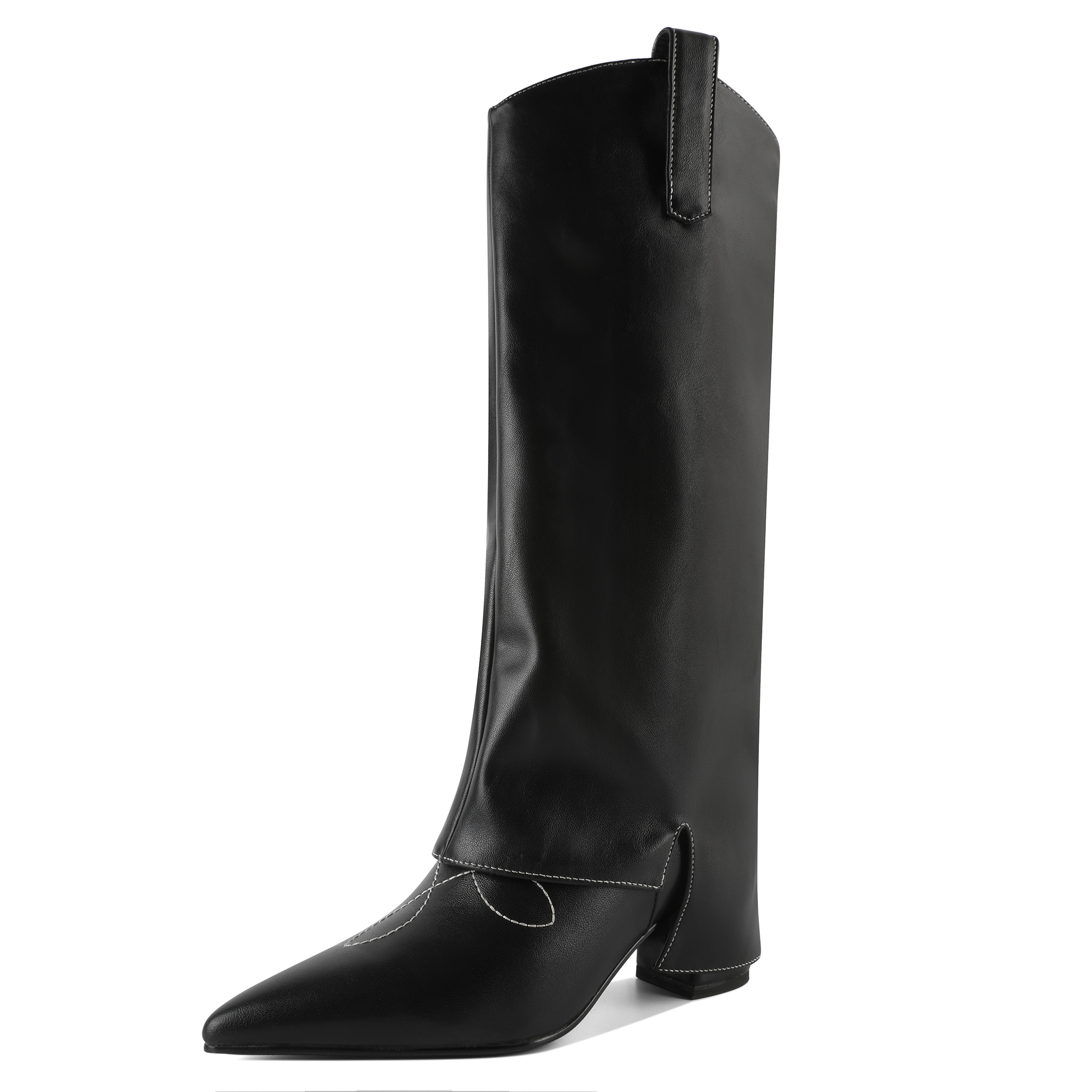 SAMMMITOP 2.5 Inch Black Fold Over Knee High Boots – Wide Calf Chunky Heel