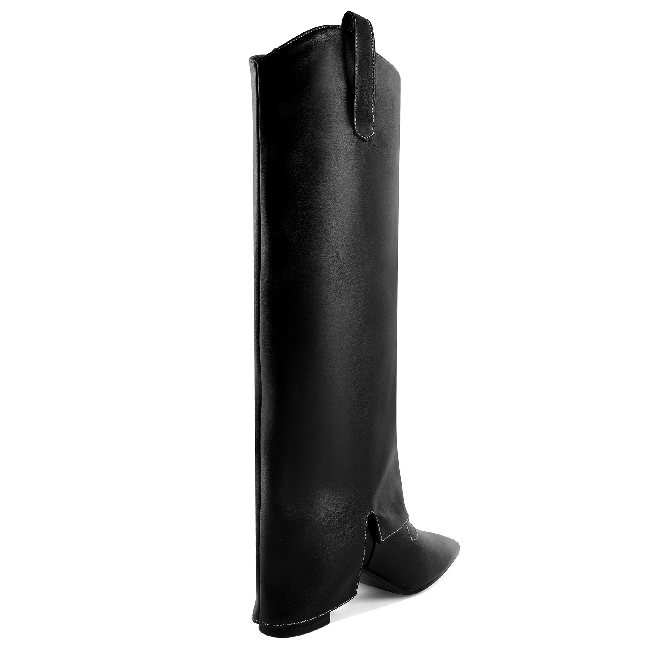 SAMMMITOP 2.5 Inch Fold Over Knee High Chunky  Boots Rear view of pull-on fold over boots – heel height and calf fit