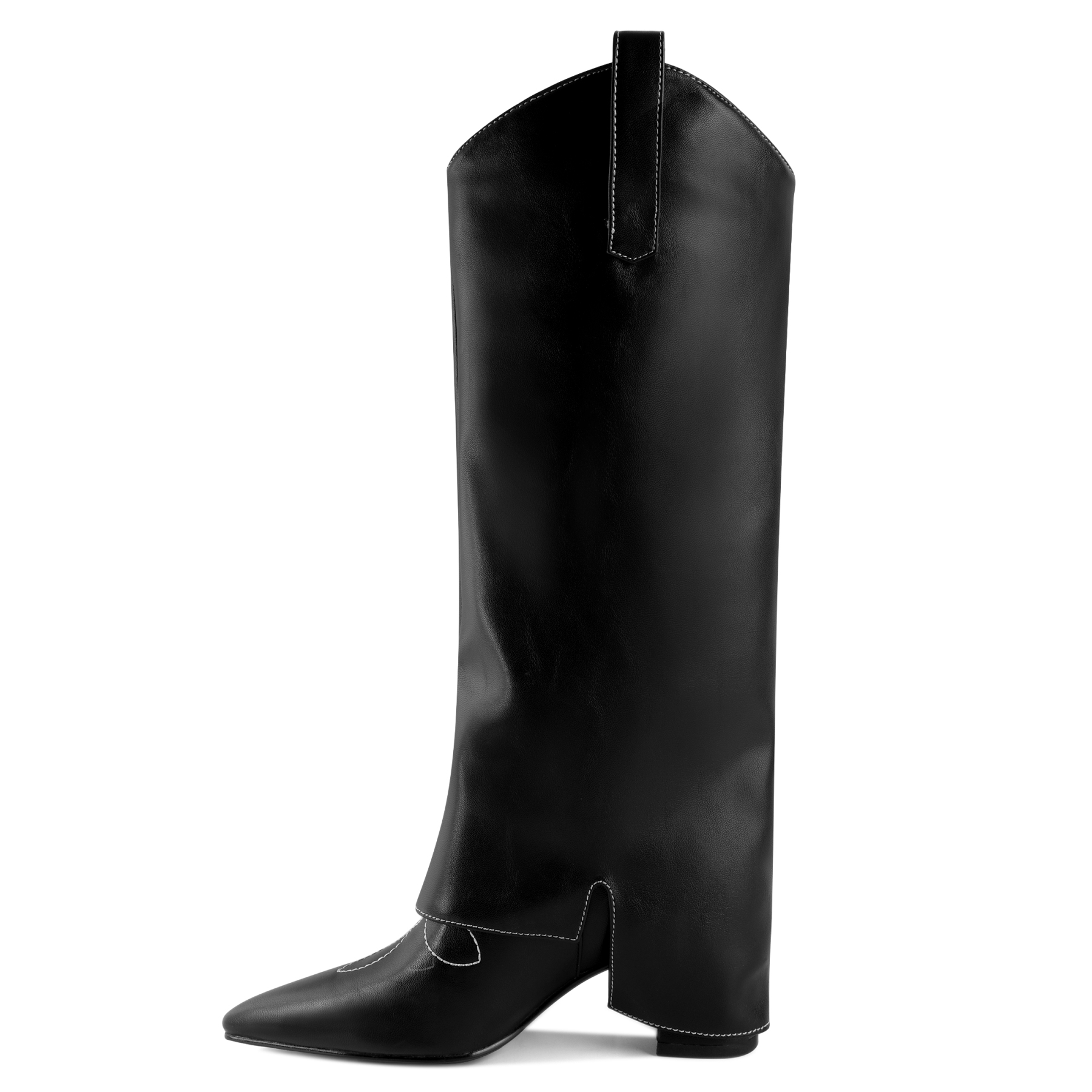 SAMMMITOP 2.5 Inch Side view of fold-over knee high boots – block heel and pointed toe