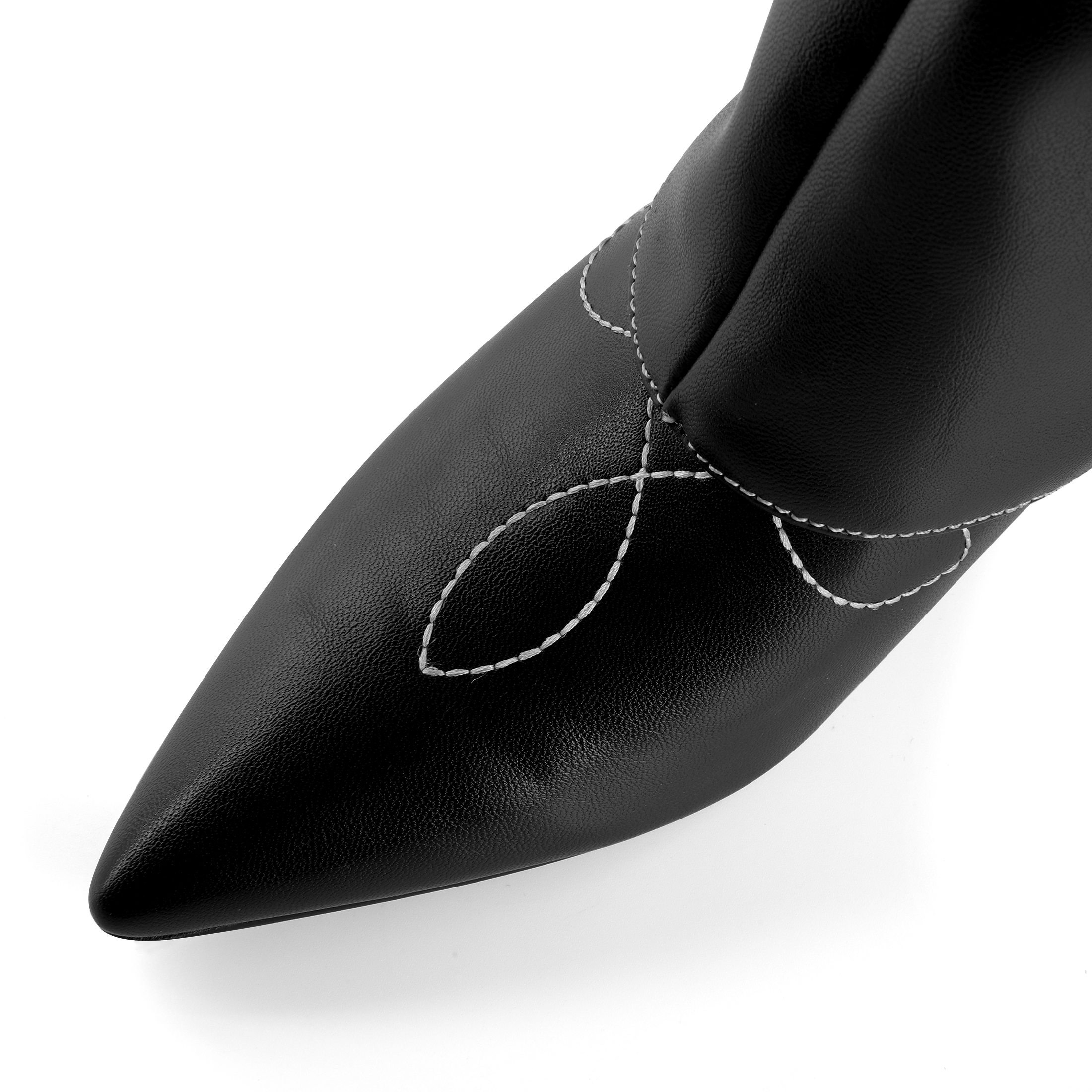 SAMMMITOP 2.5 Inch Fold Over Knee High Chunky  Boots Close-up of the toe box – pointed toe structure and faux leather texture