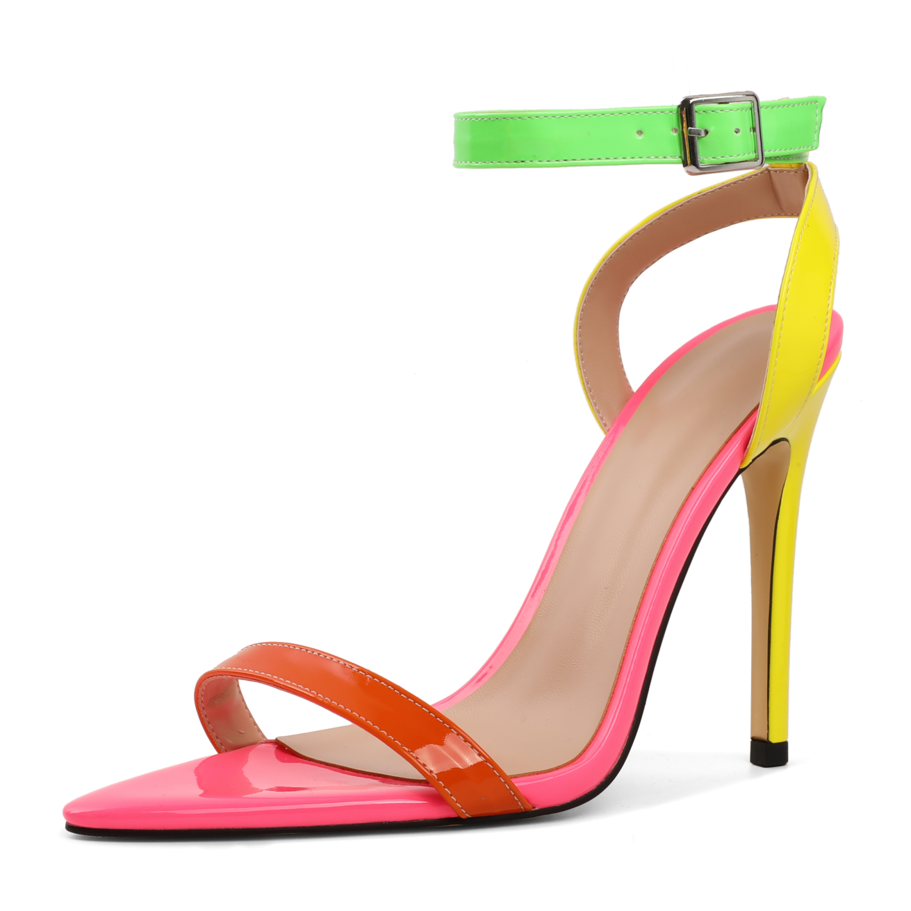 Multicolor neon patent stiletto sandals with green ankle strap, Bright high heels for bold party looks