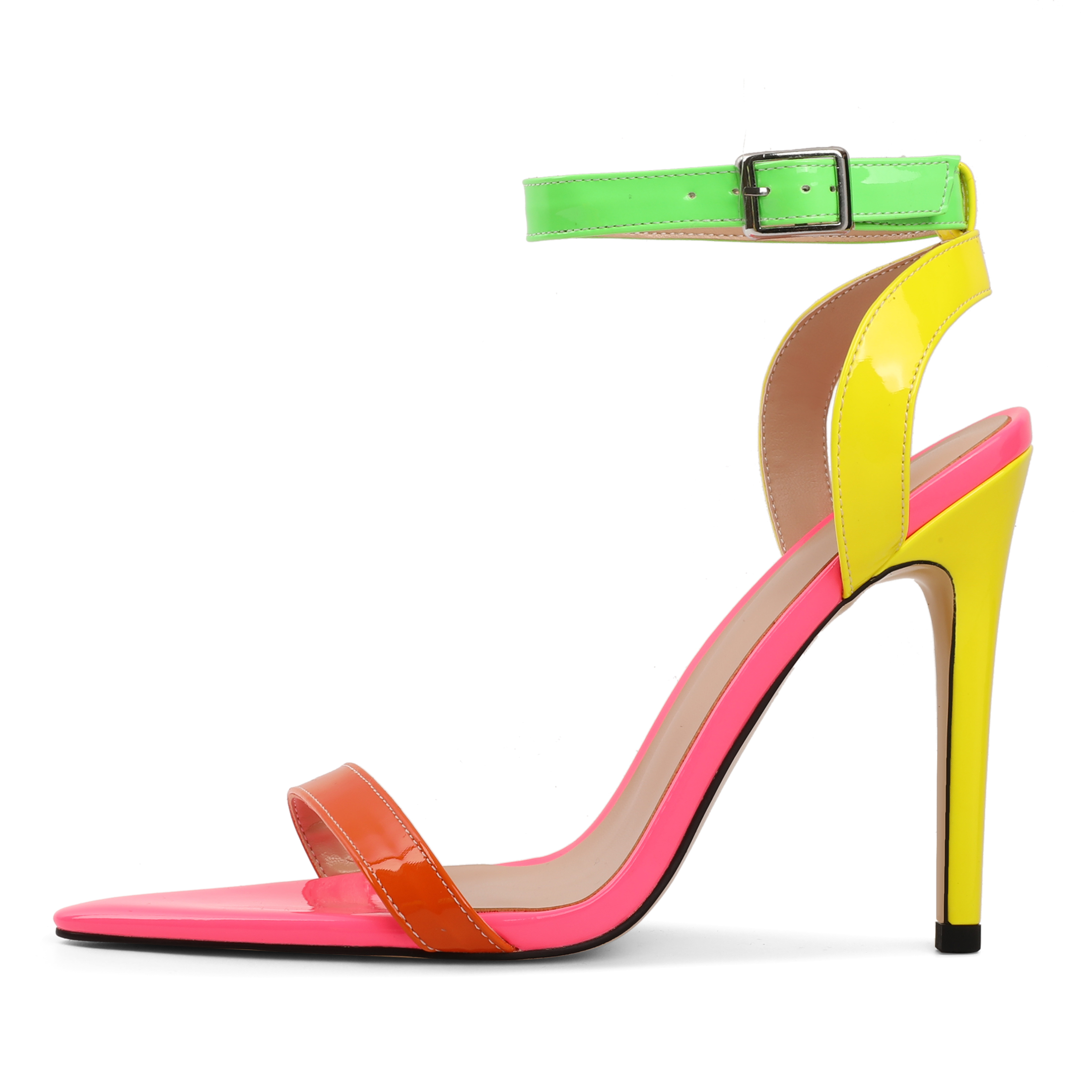 Multicolor neon patent stiletto sandals with green ankle strap, Bright high heels for bold party looks