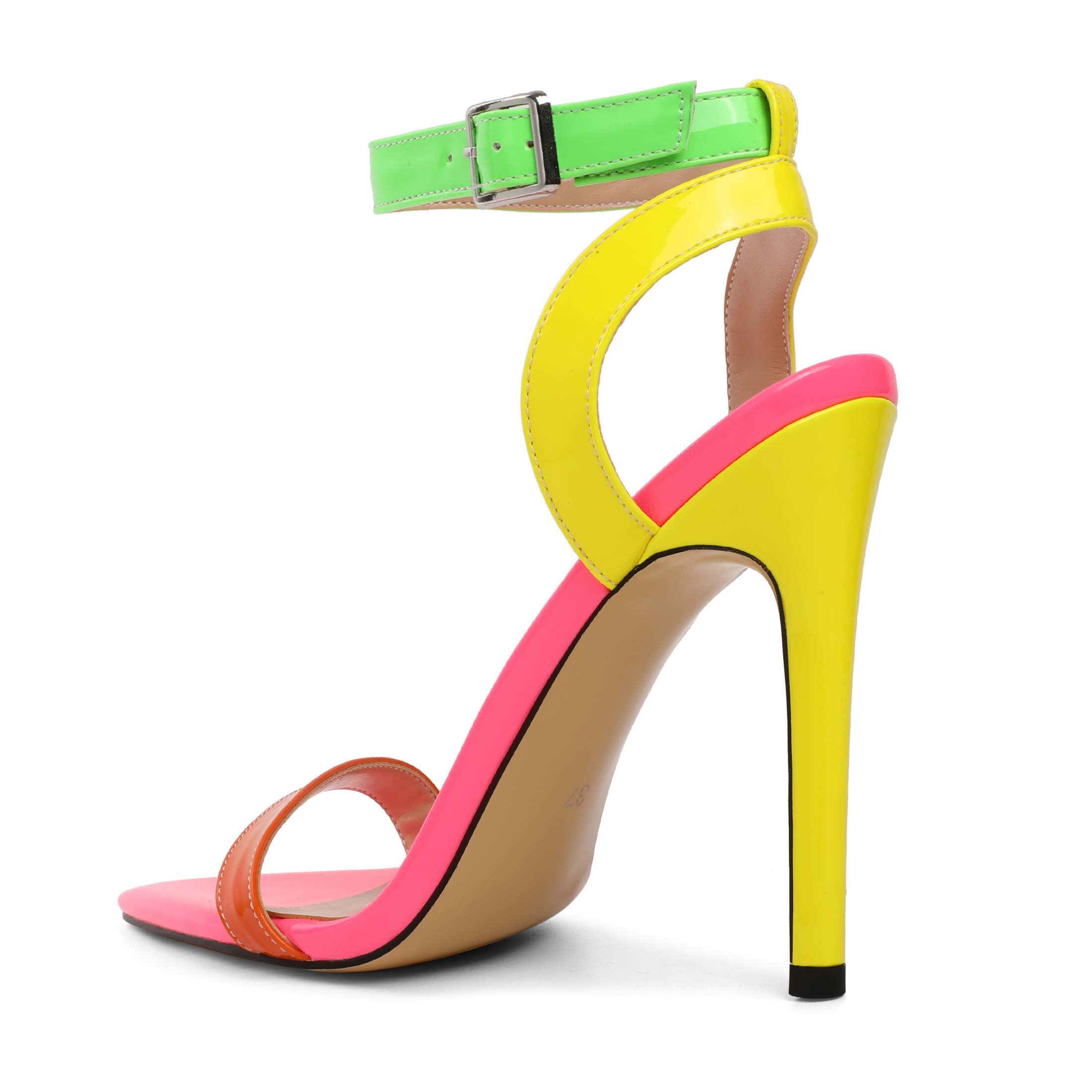 Back angle of Multicolor neon patent stiletto sandals with green ankle strap, Bright high heels for bold party looks
