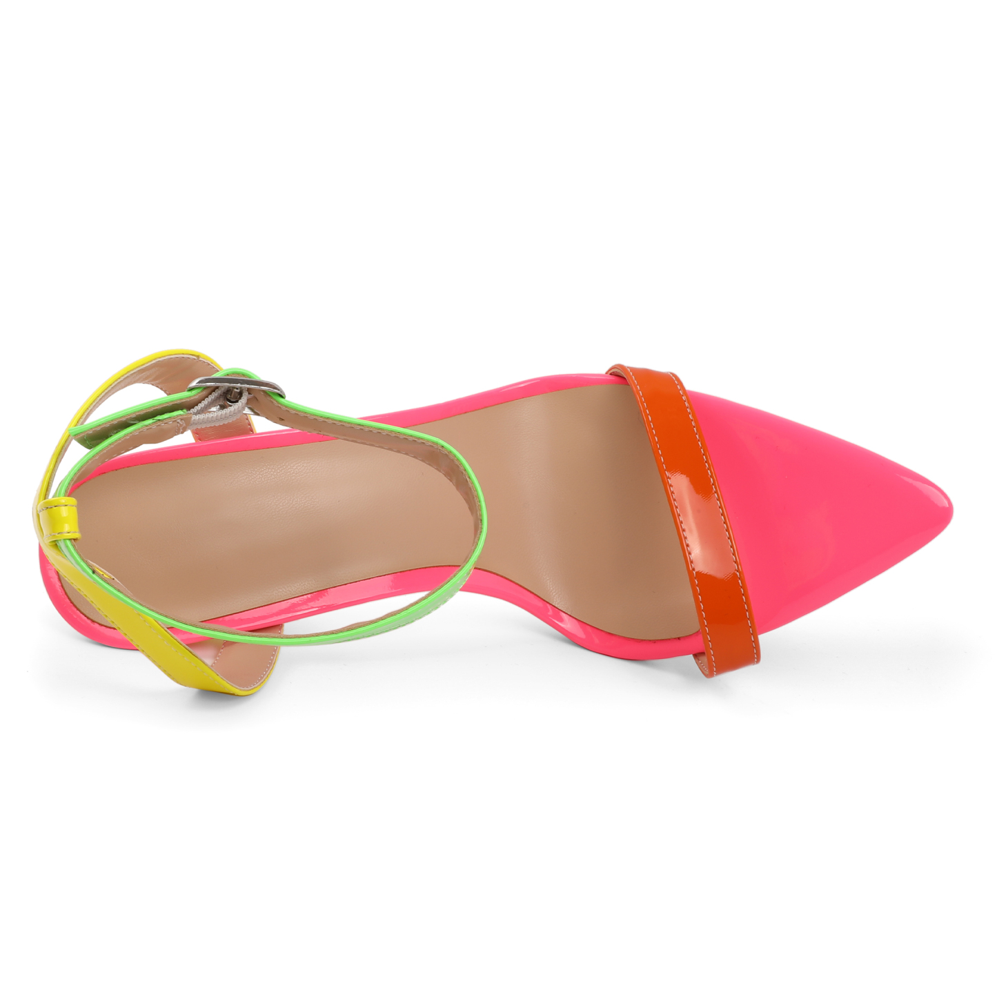 Top-down view showing pointed toe and vamp strap of neon stiletto heels