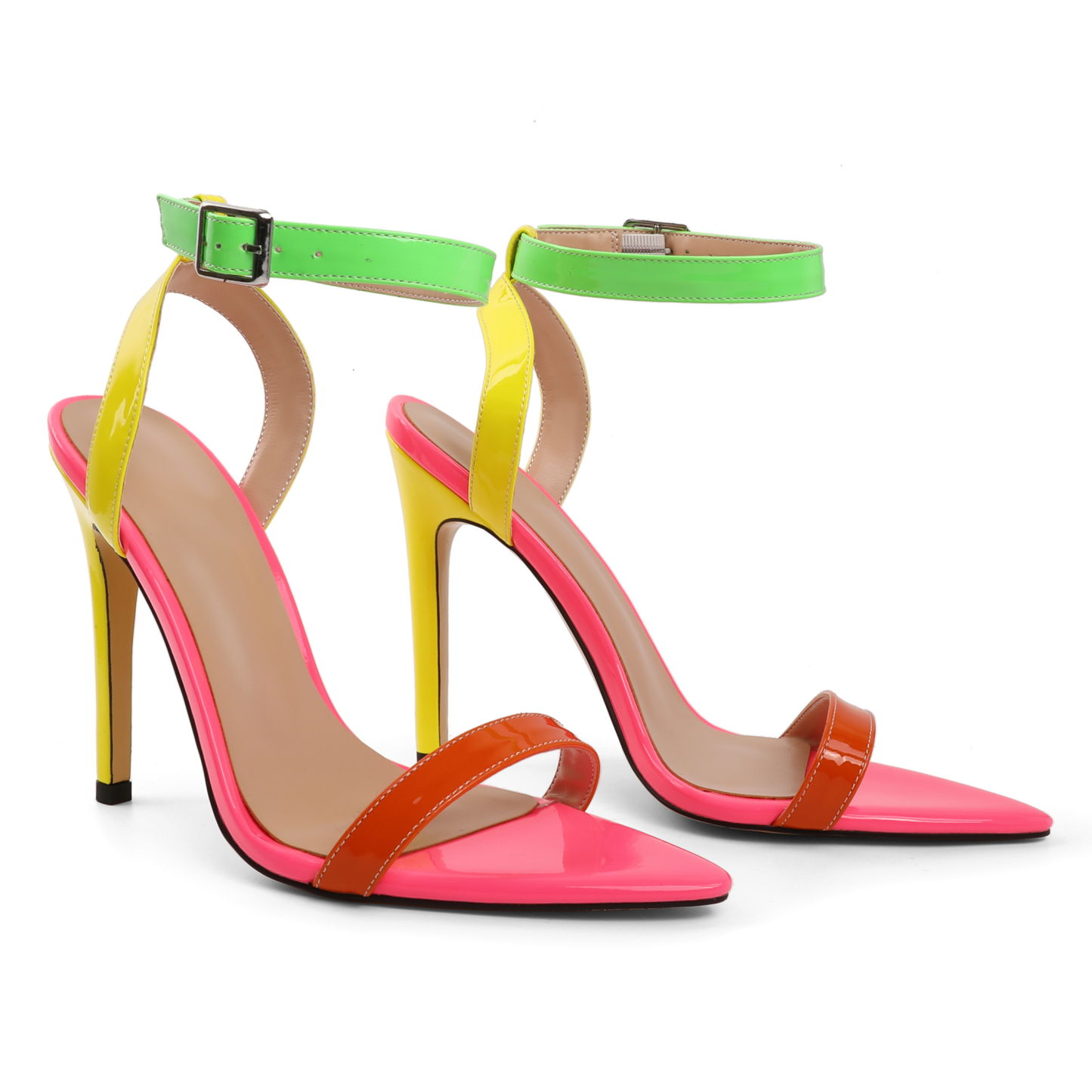 Multicolor neon patent stiletto sandals with green ankle strap, size US 8 – Bright high heels for bold party looks
