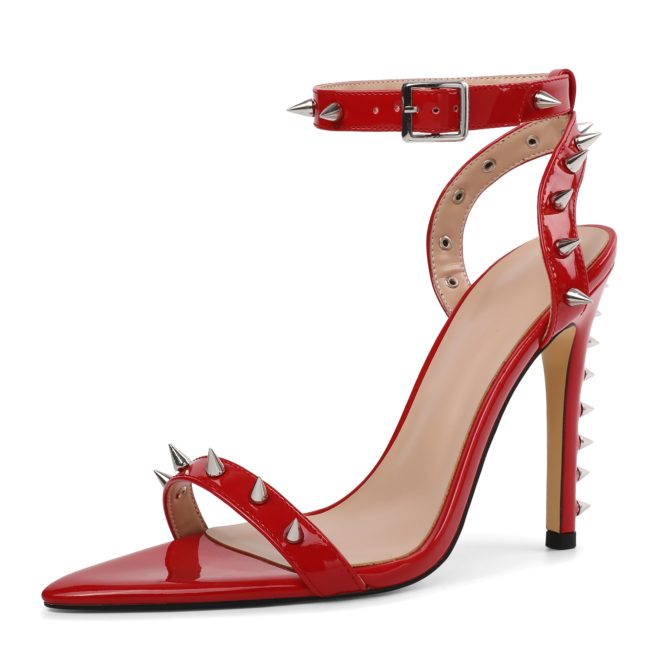 SAMMITOP Red Patent Silver Cone Stud Ankle-Strap Sandals