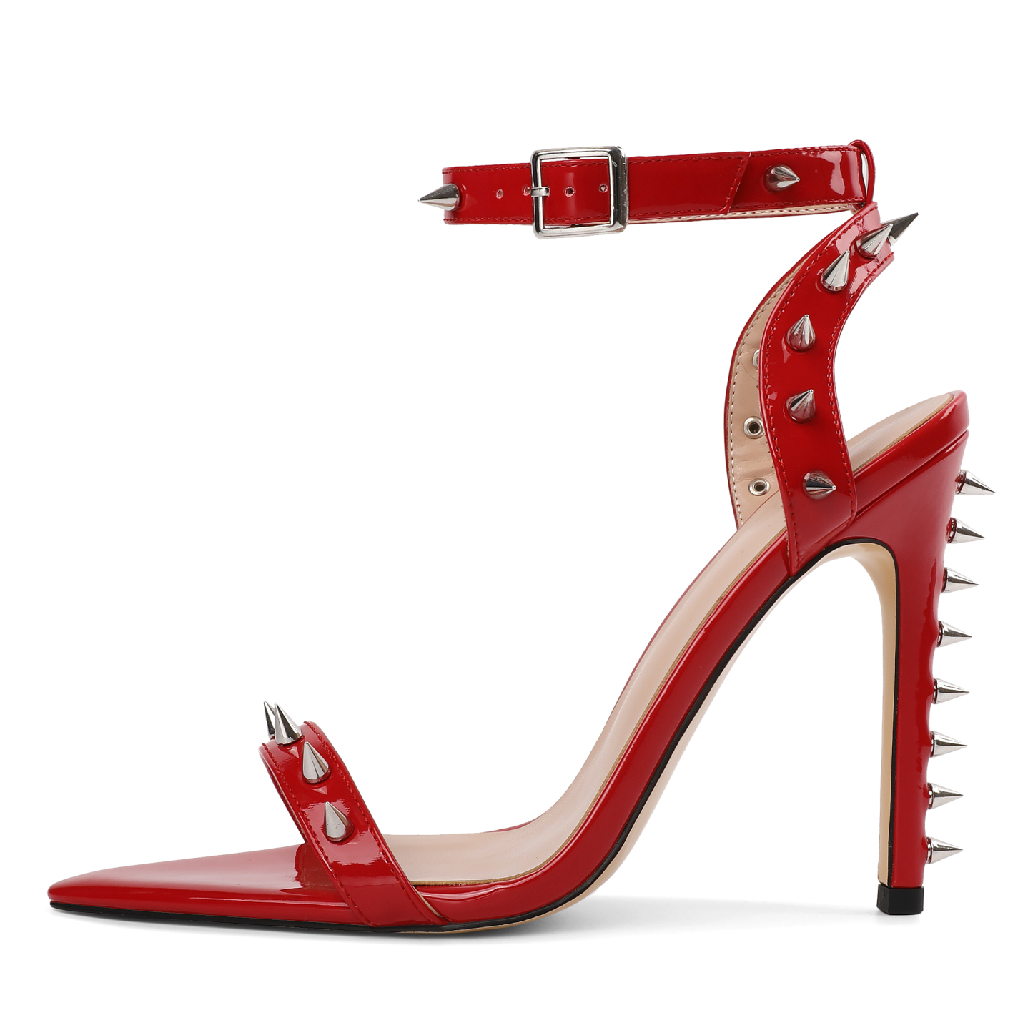 SAMMITOP Patent Silver Cone Stud Ankle-Strap Sandals