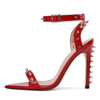 SAMMITOP Patent Silver Cone Stud Ankle-Strap Sandals