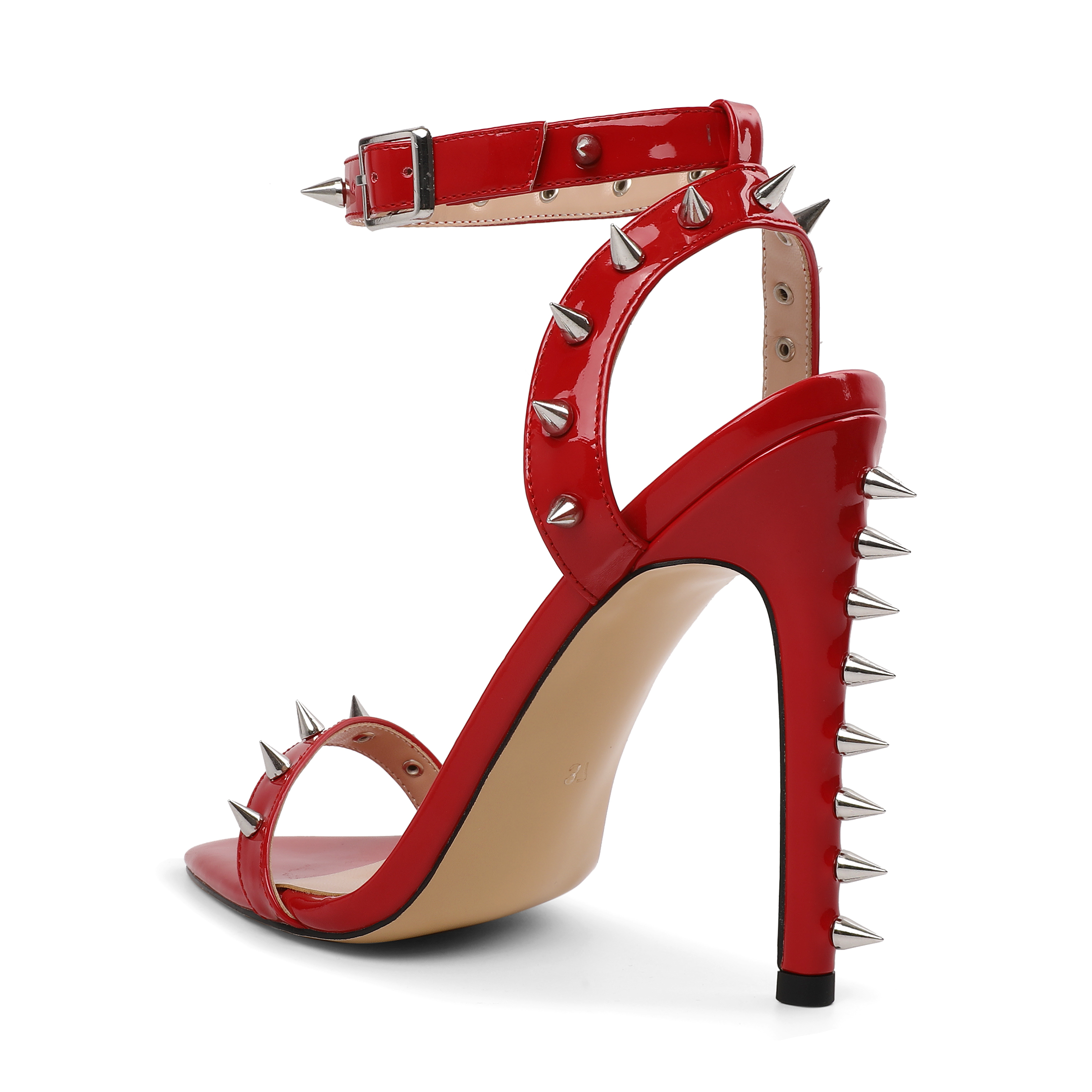 SAMMITOP Patent Silver Cone Stud Ankle-Strap Sandals