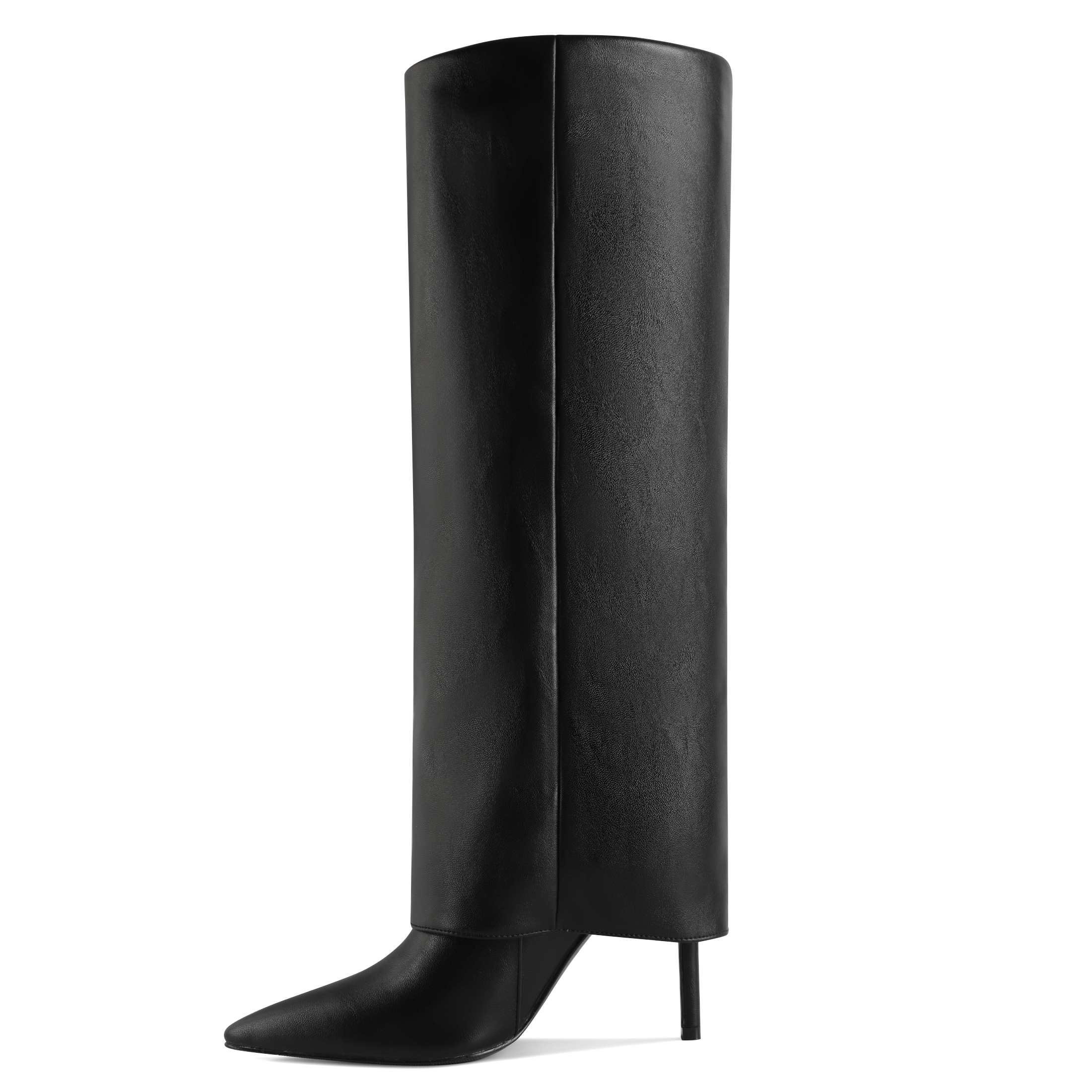 SAMMITOP 3.5 Inch Side view of fold over knee boots with buckle strap and pointed toe