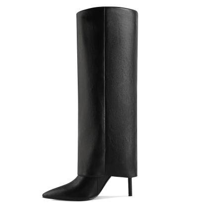 SAMMITOP 3.5 Inch Side view of fold over knee boots with buckle strap and pointed toe