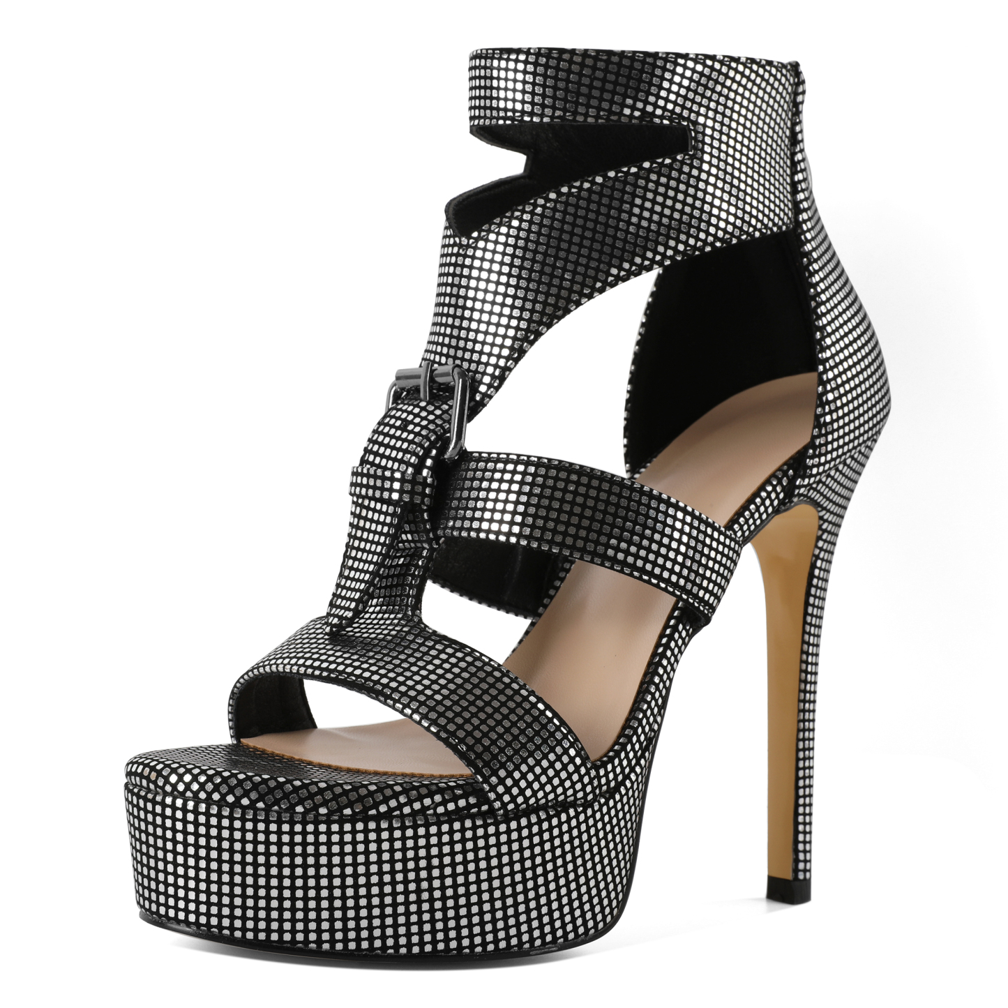 SAMMITOP rhinestone platform heels in black – front view
