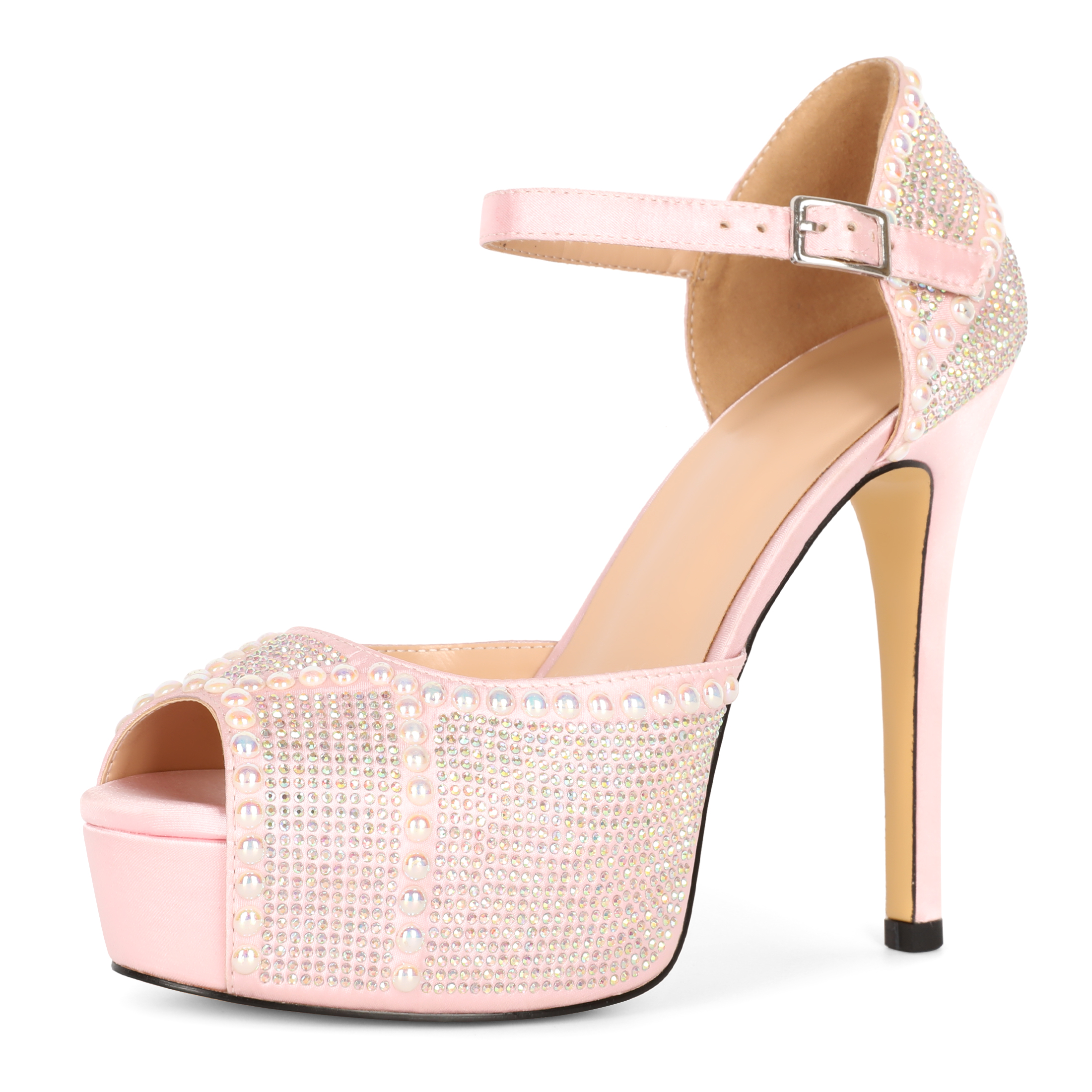 SAMMITOP 5.1" Soft blush pink satin with full rhinestone embellishments