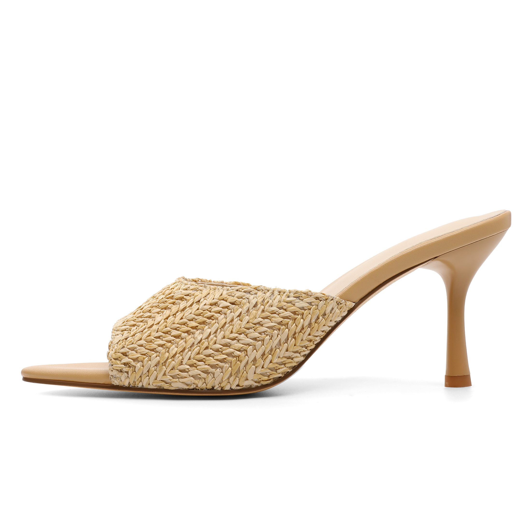 Side profile showing the elegant stiletto heel and woven texture of the upper
