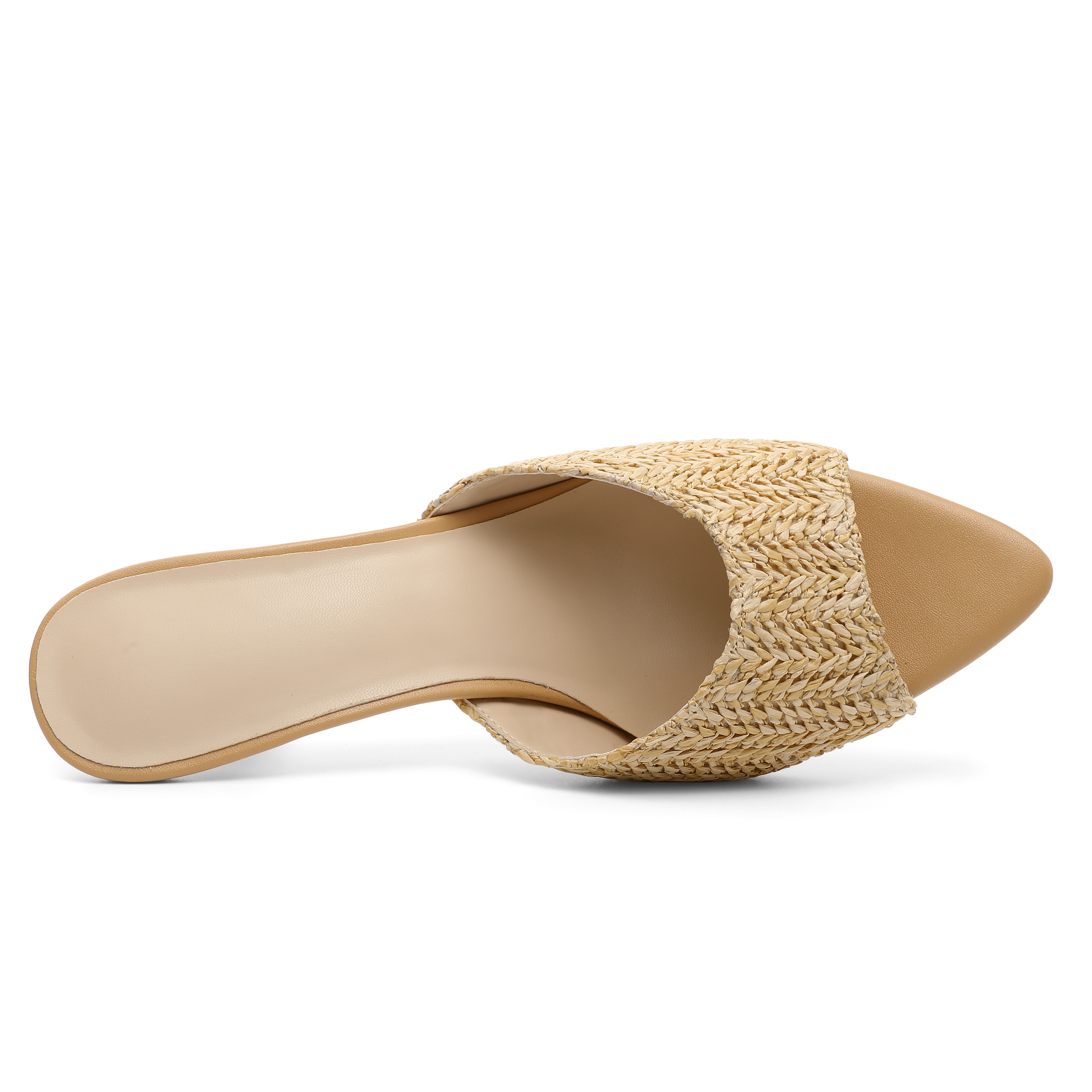 Top-down look at the pointed toe and detailed braided pattern