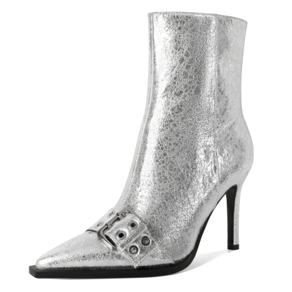 SAMMITOP Silver Beige Heeled Booties for Women 3.5 Inch | Fashion Short Boots with Zipper 
