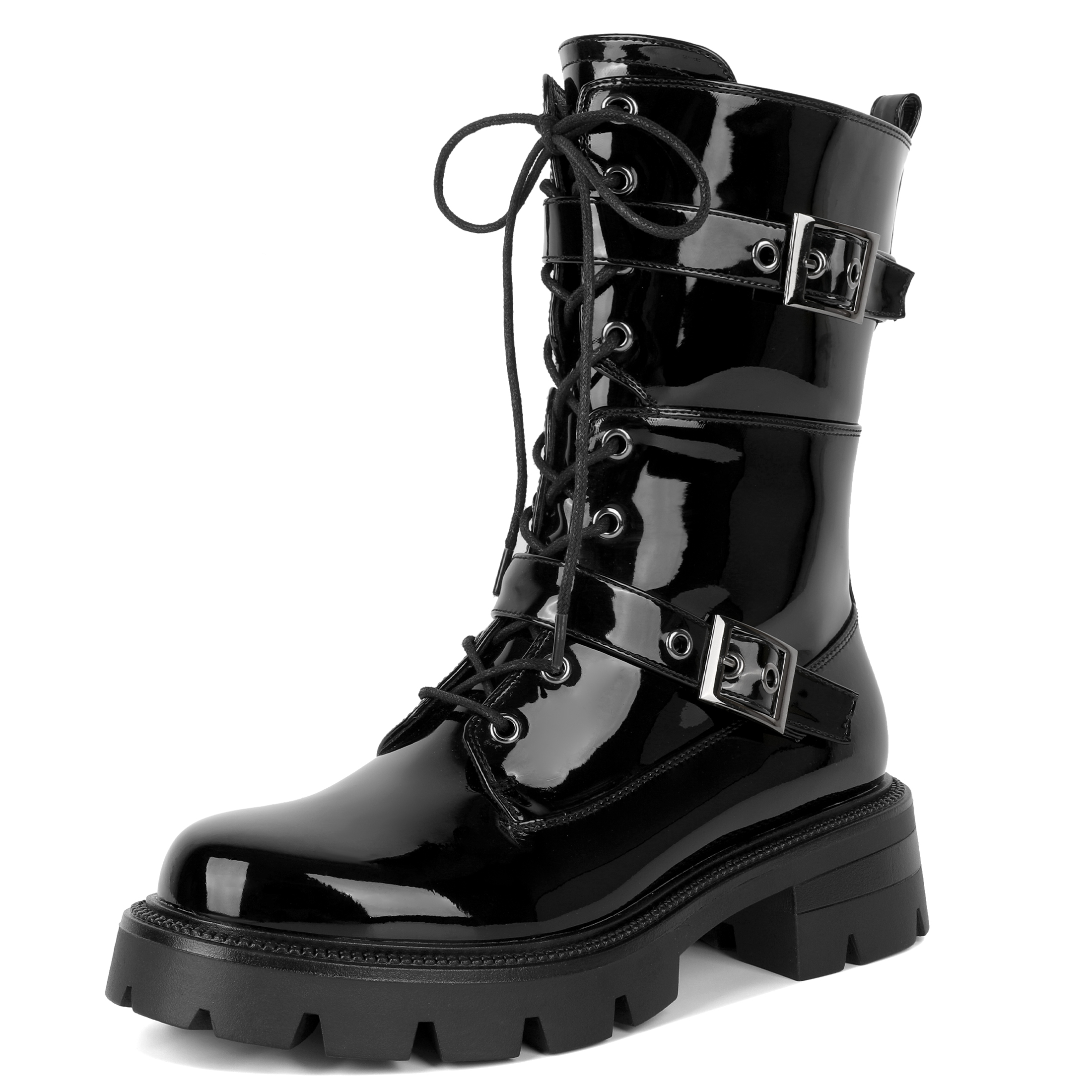 Black combat ankle boots with chunky heel and buckle