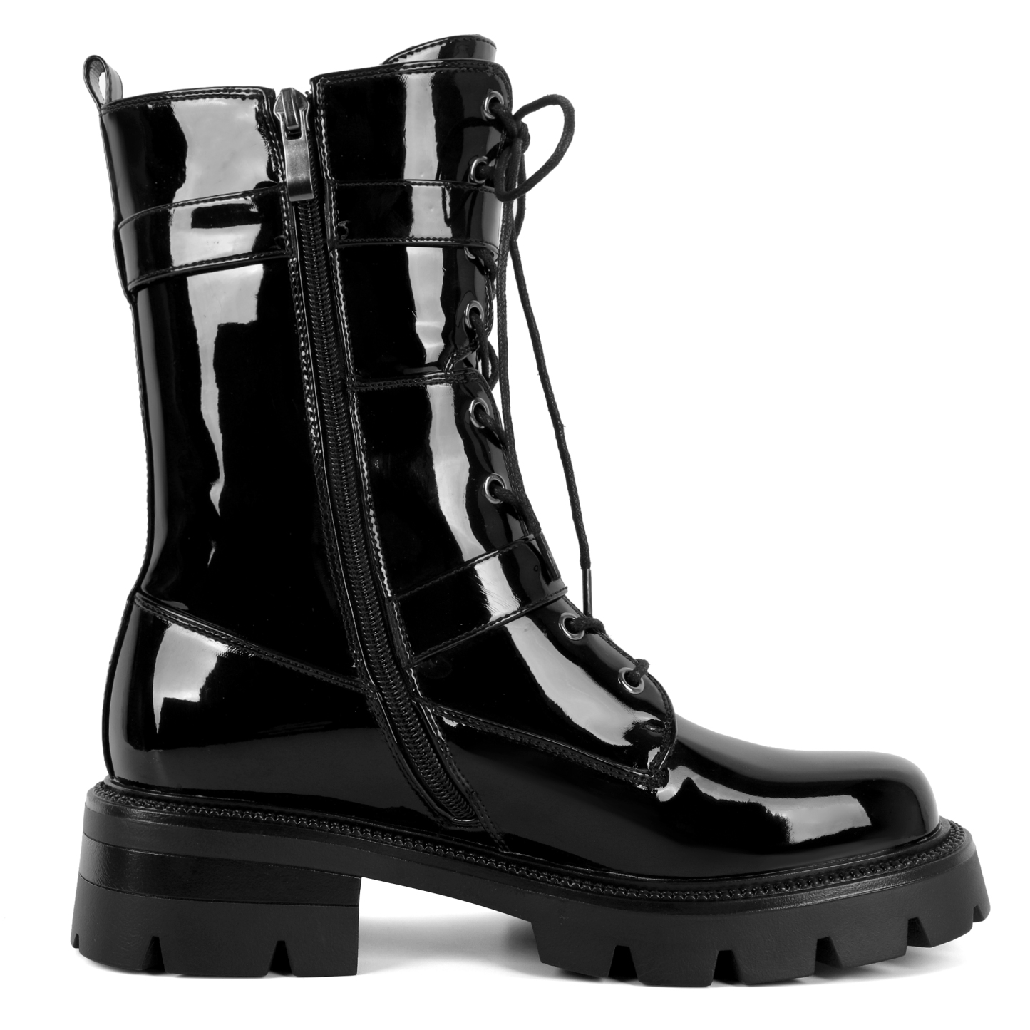 Side profile of combat boots with 2-inch chunky heel and side zippery Heel