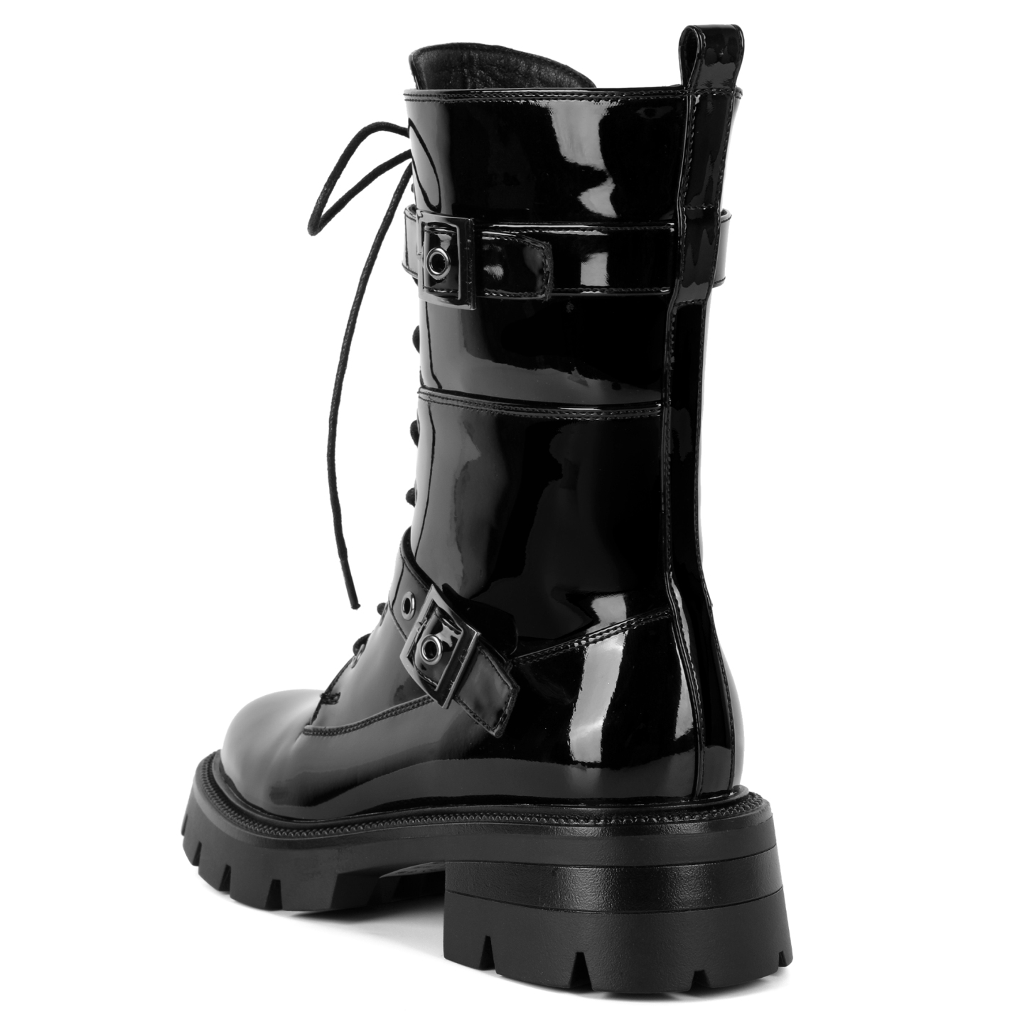 Back view of platform ankle boots with pull tab and lug sole