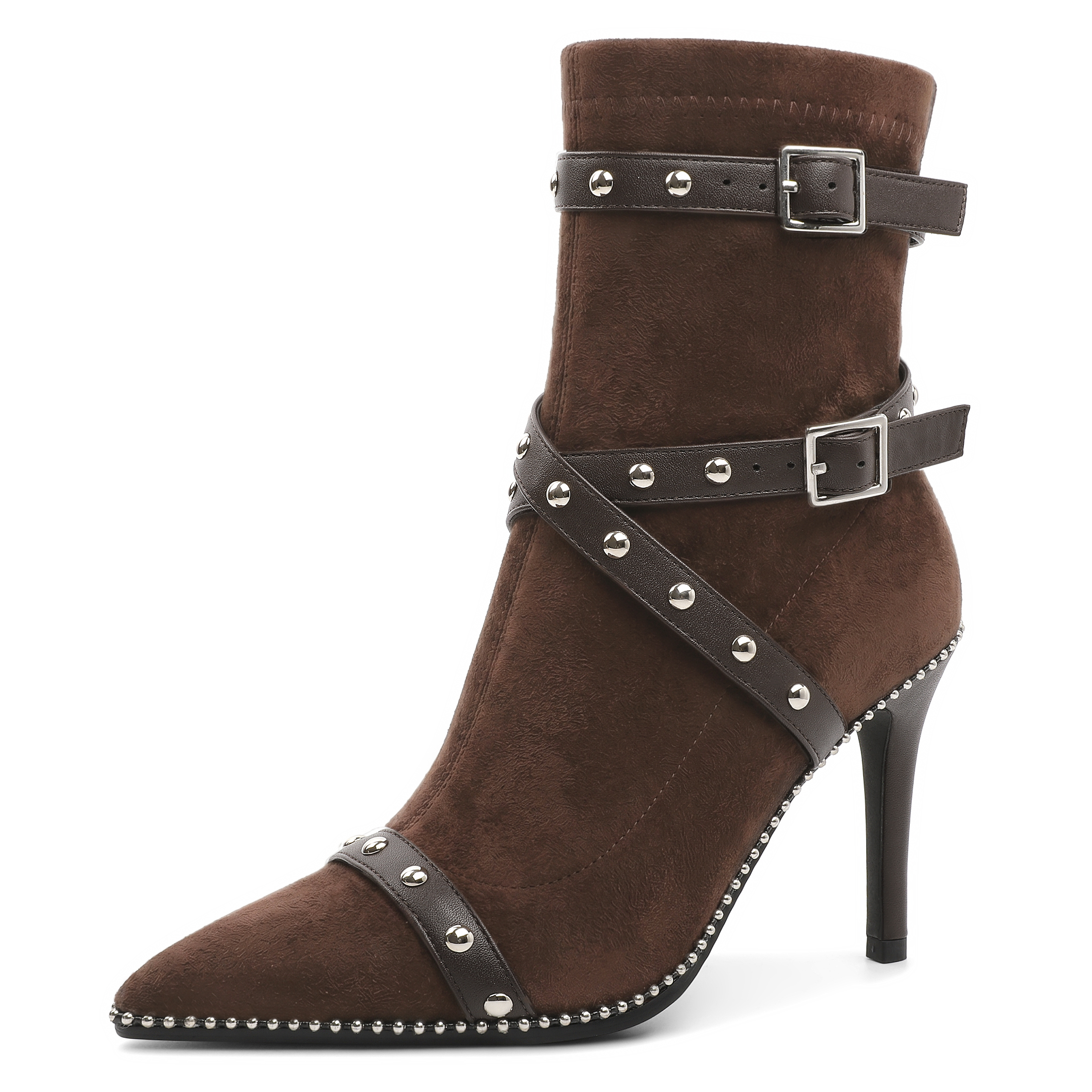 Sammitop Womens Ankle Booties 3.7 Inch Heel Stiletto Boots Beaded Studded Pointed Toe Side Zipper Suede Size 5-13