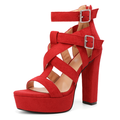 Red chunky gladiator platform heels with ankle strap – SAMMITOP