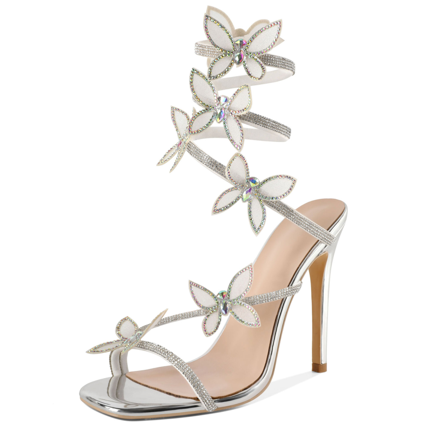 Silver open toe high heel sandals with rhinestone butterfly detail