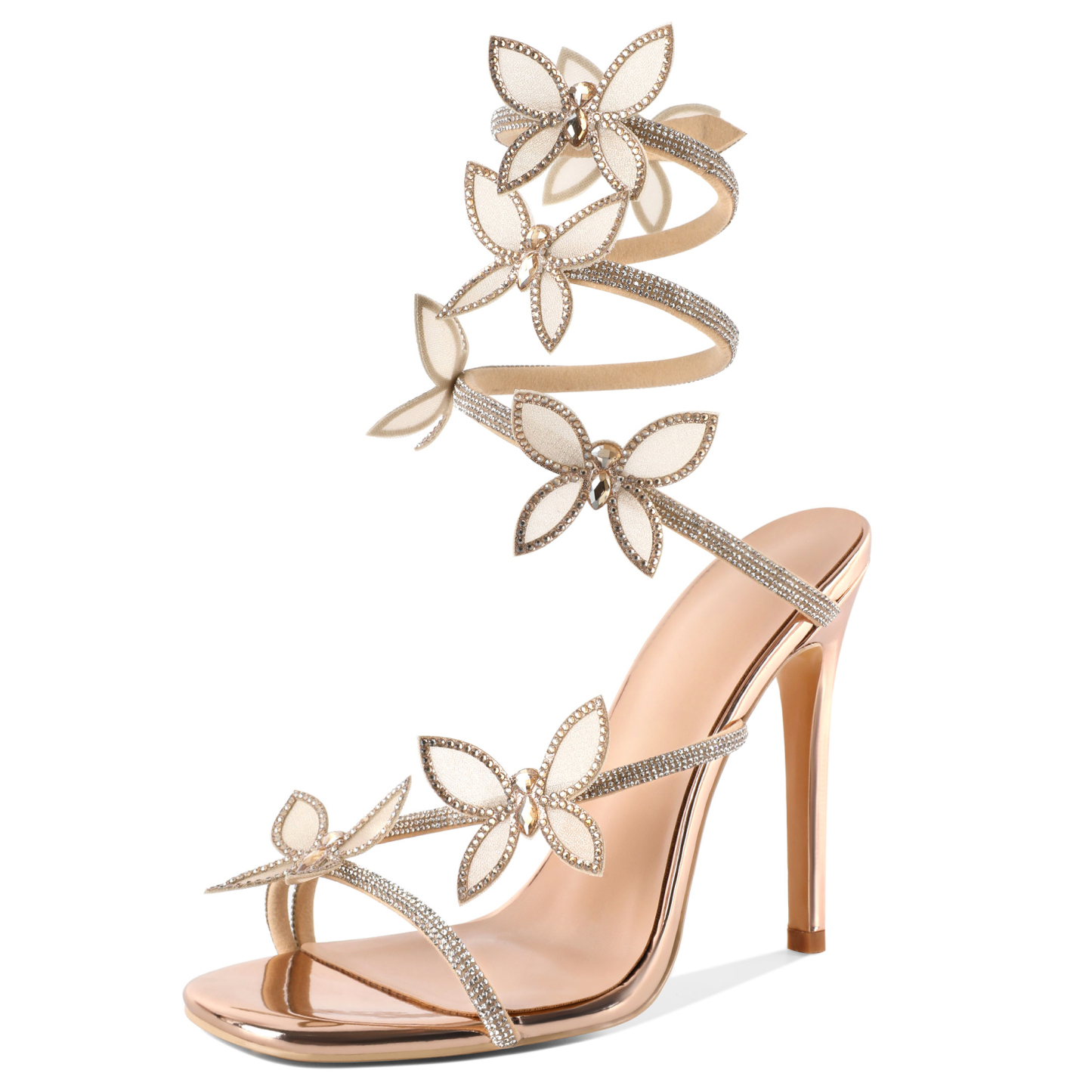 Gold wrap-around butterfly high heels with sparkling rhinestones