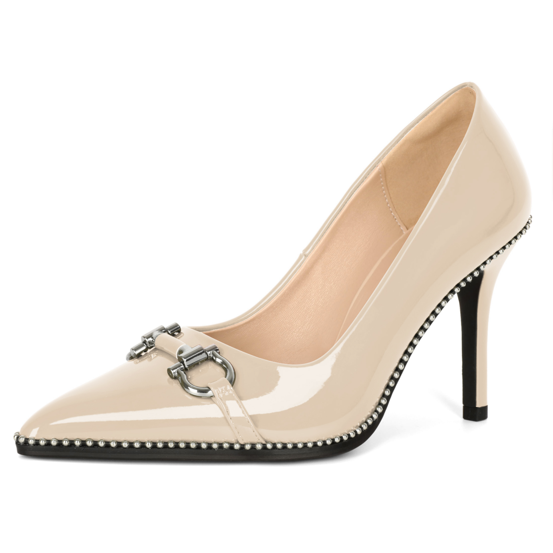 Women's beige patent leather high heels with pointed toe and subtle beading design