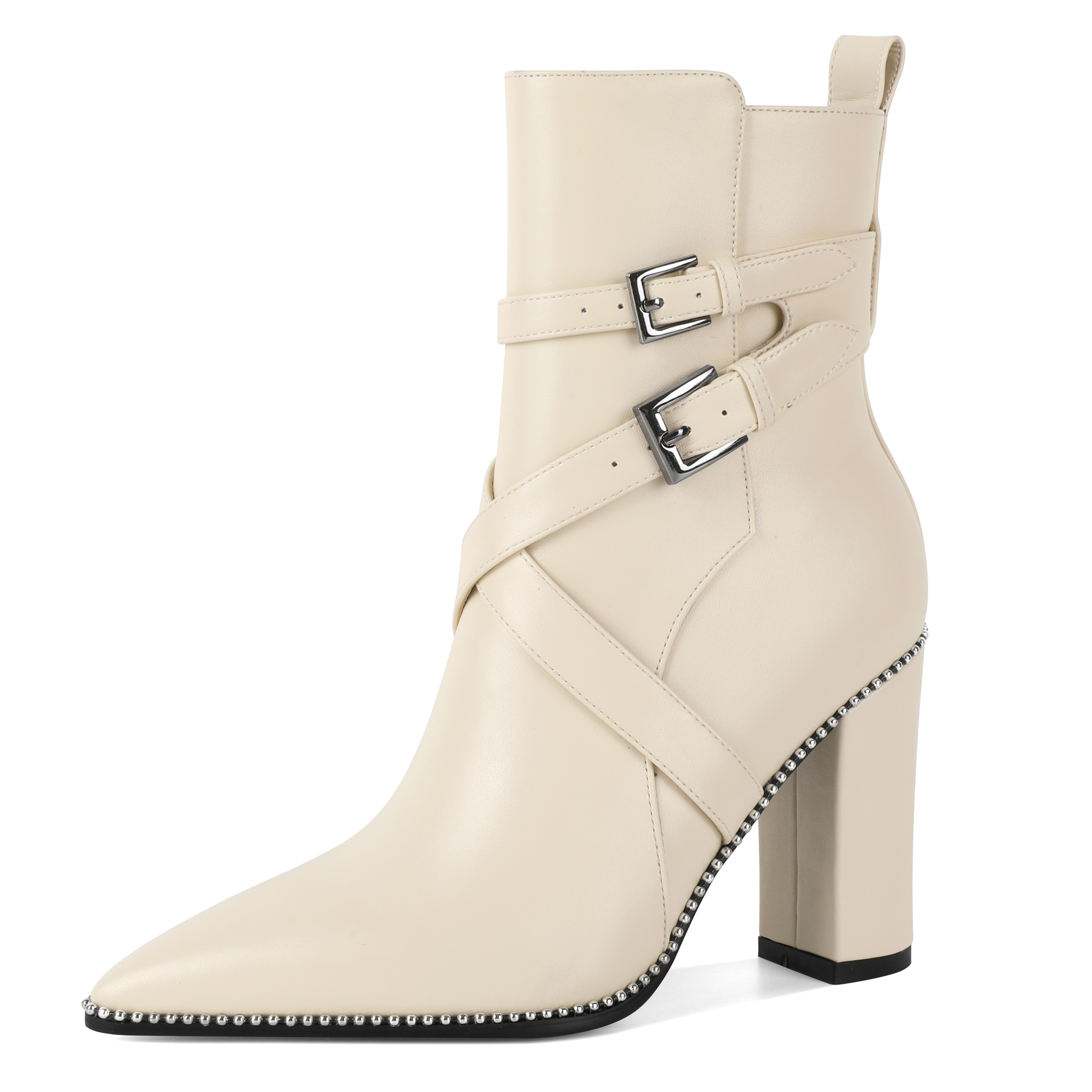 Beige chunky heel booties with beaded embellishment and zip