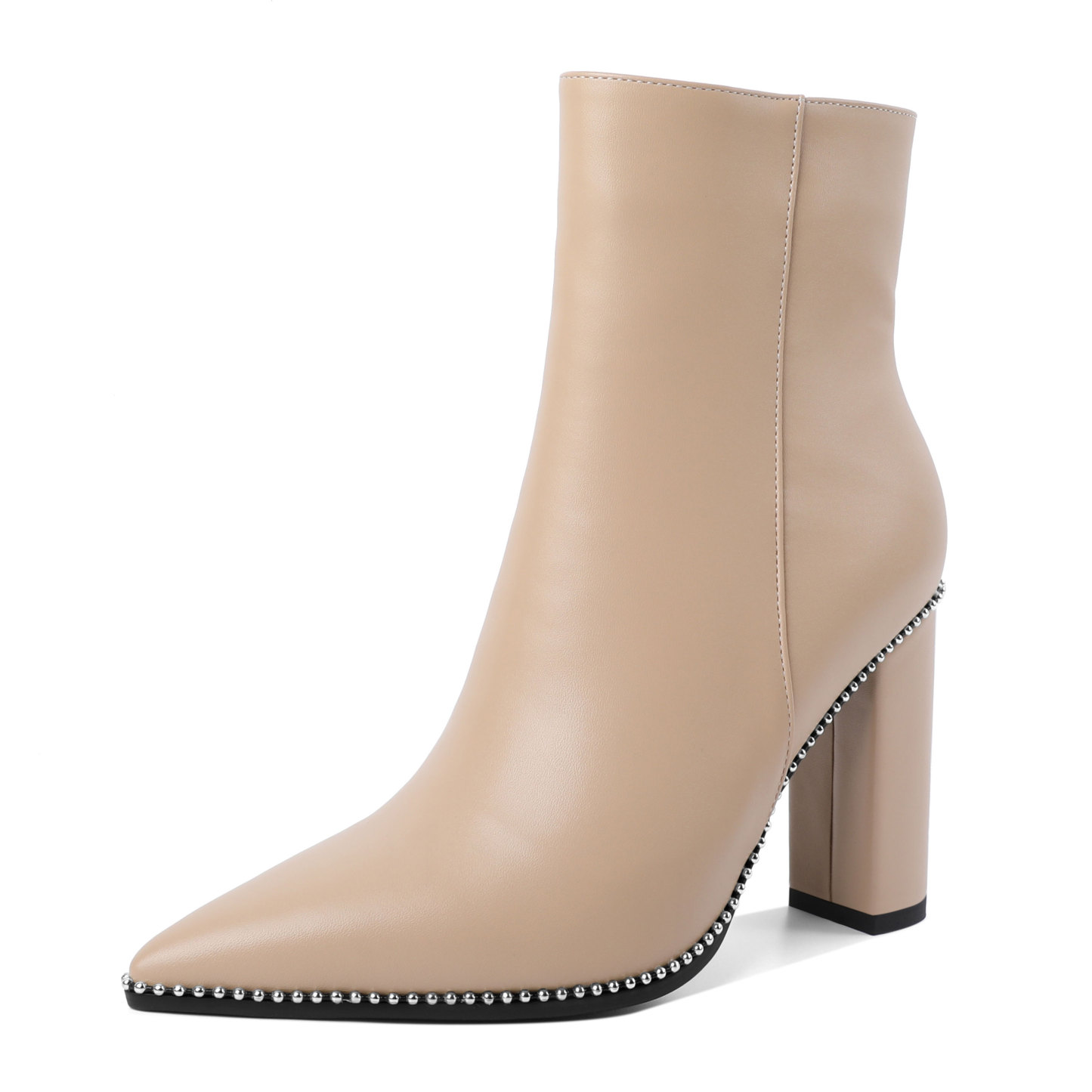 beige beaded chunky heel ankle boots by SAMMITOP
