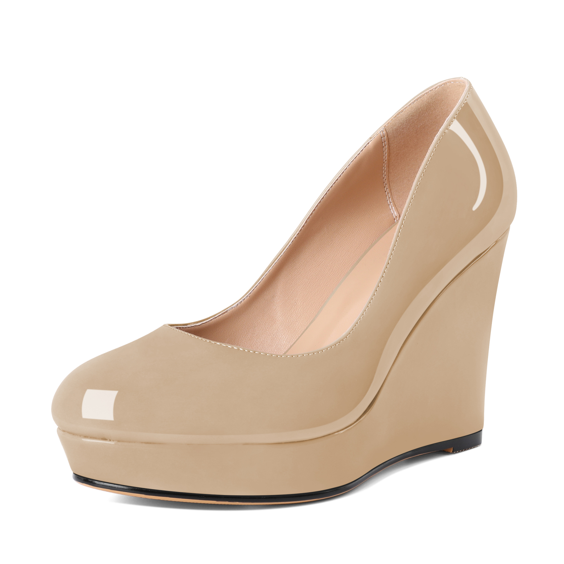Beige round toe wedge pumps with 4-inch heel and platform sole