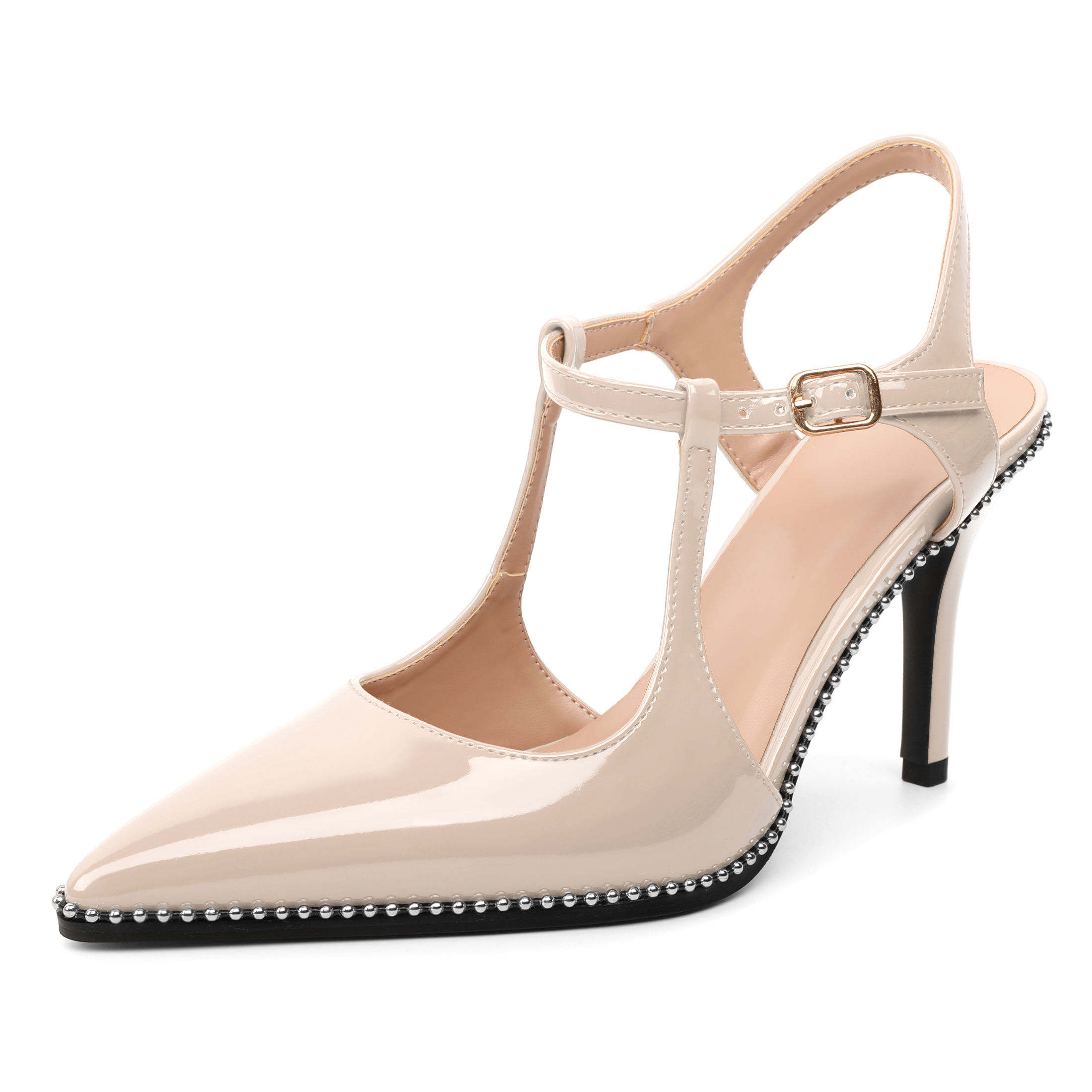 Beige patent leather stilettos with d'Orsay cut and adjustable strap