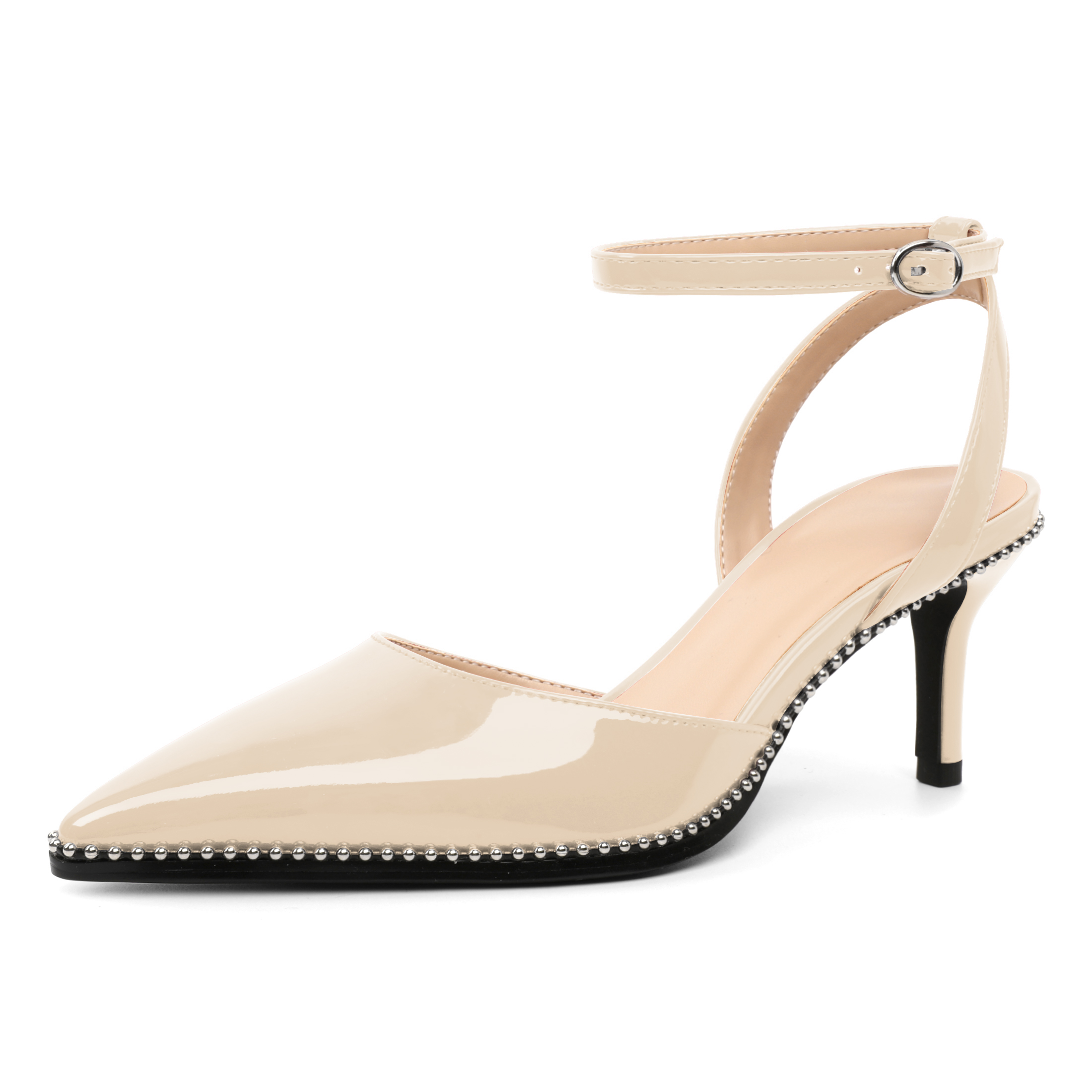 Beige pointed toe kitten heels with elegant ankle buckle