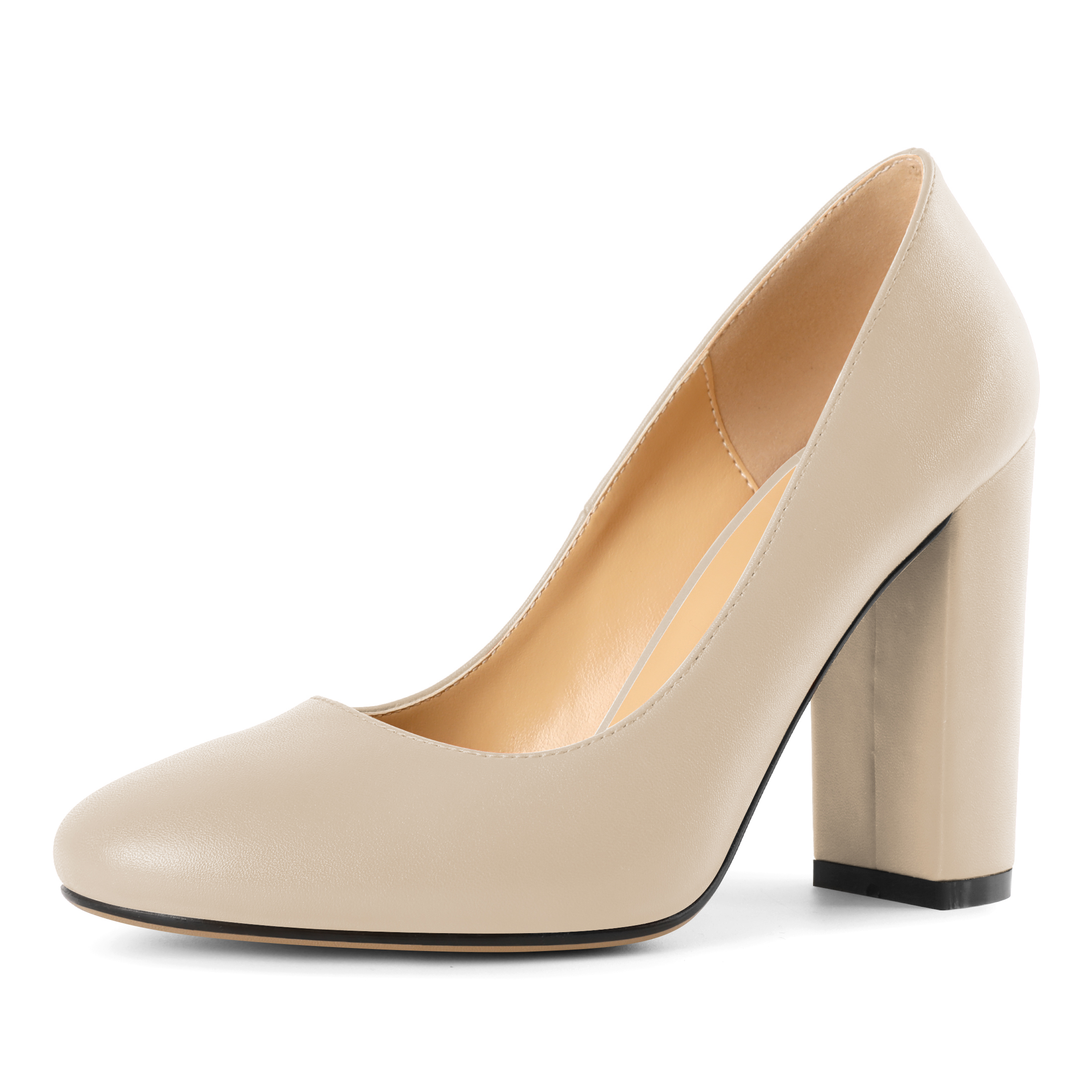 Beige 4 inch round toe pumps with chunky heel for wedding or office wear