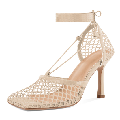 Beige lace up strappy mesh high heels with stiletto heel and breathable upper