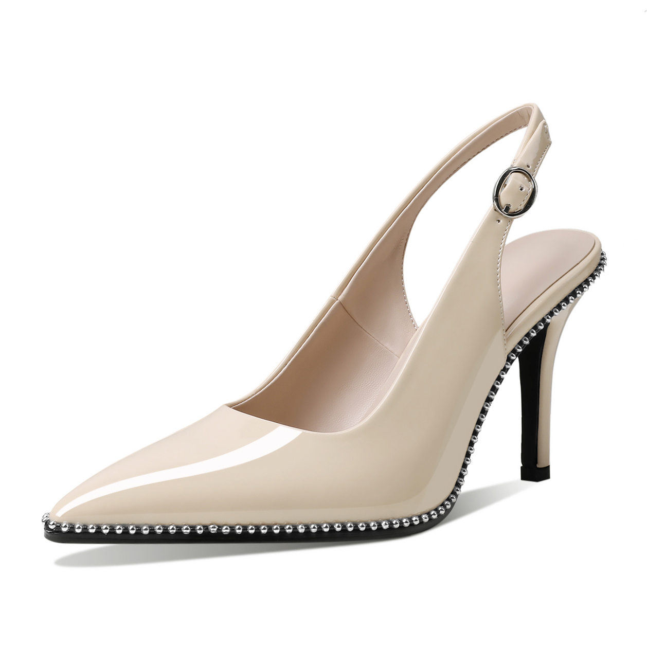 Beige 3.5" Slingback Pumps with Sleek Pointed Toe and Silver Beads