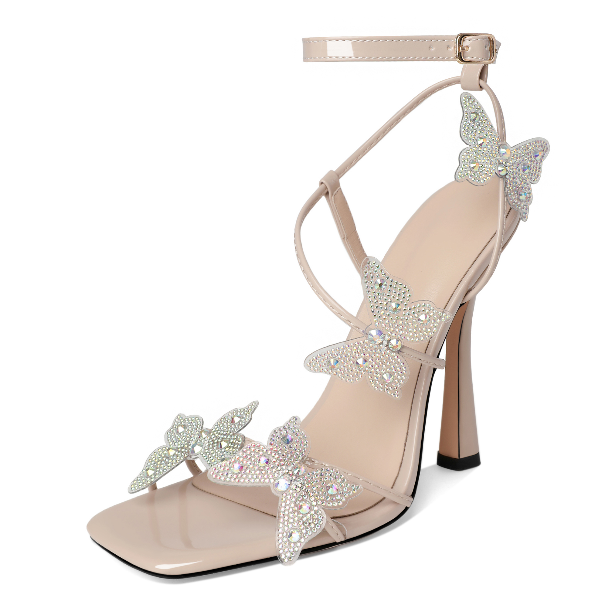 Beige Butterfly Heels – Nude Rhinestone Dress Heels