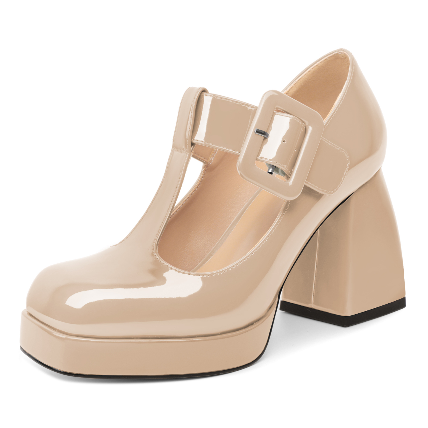 Women's beige Mary Jane dress shoes with round toe and platform chunky heel