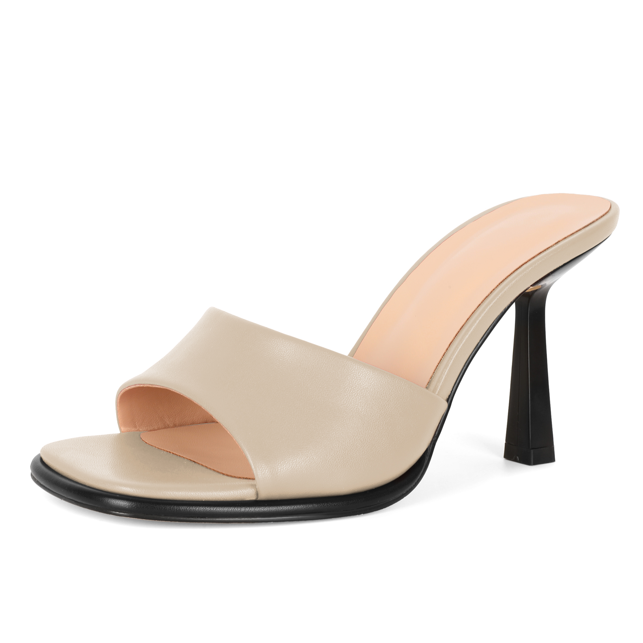 Beige square open toe slides worn on model