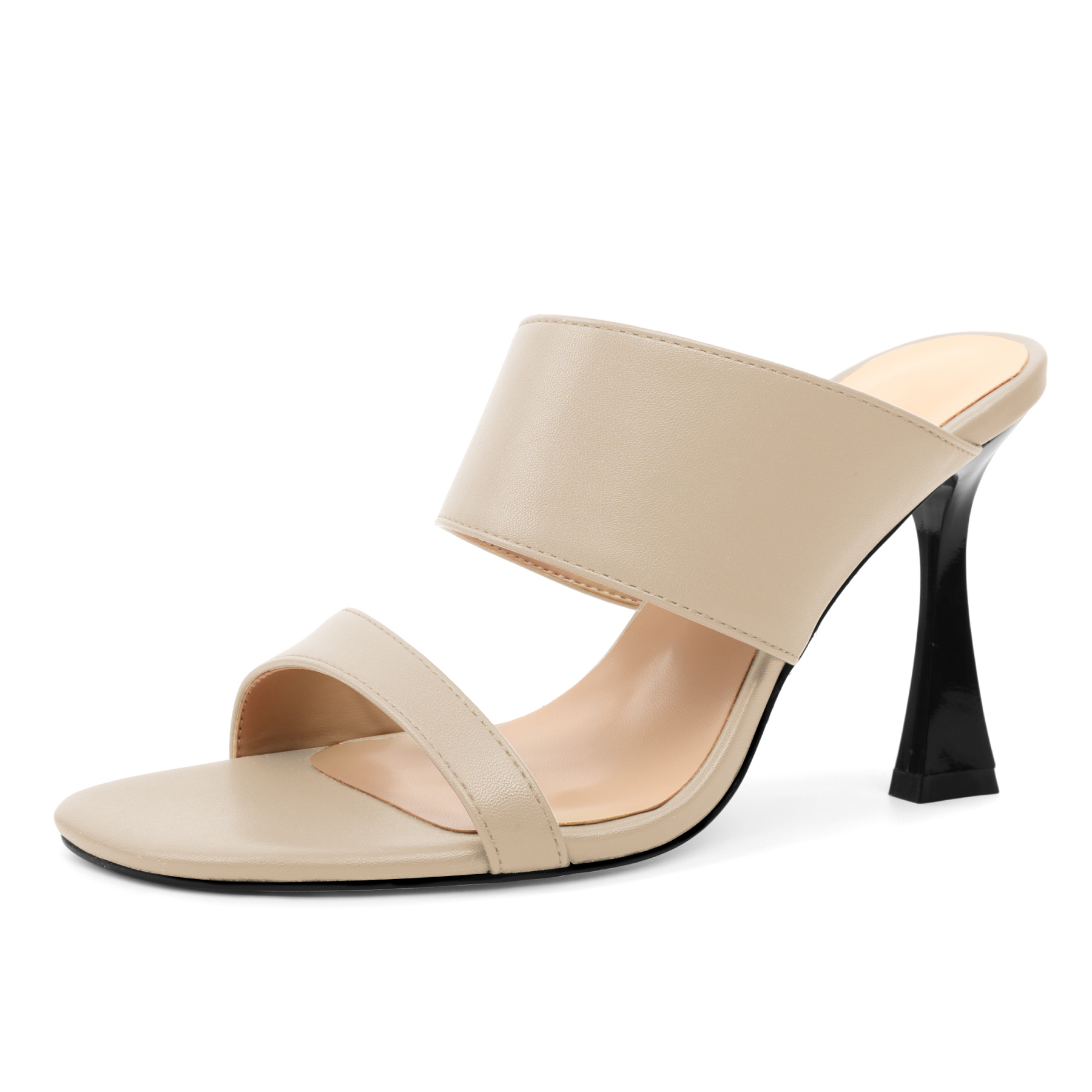 SAMMITOP 3.9 Inch Beige Minimalist Double Band Heels in PU Leather

