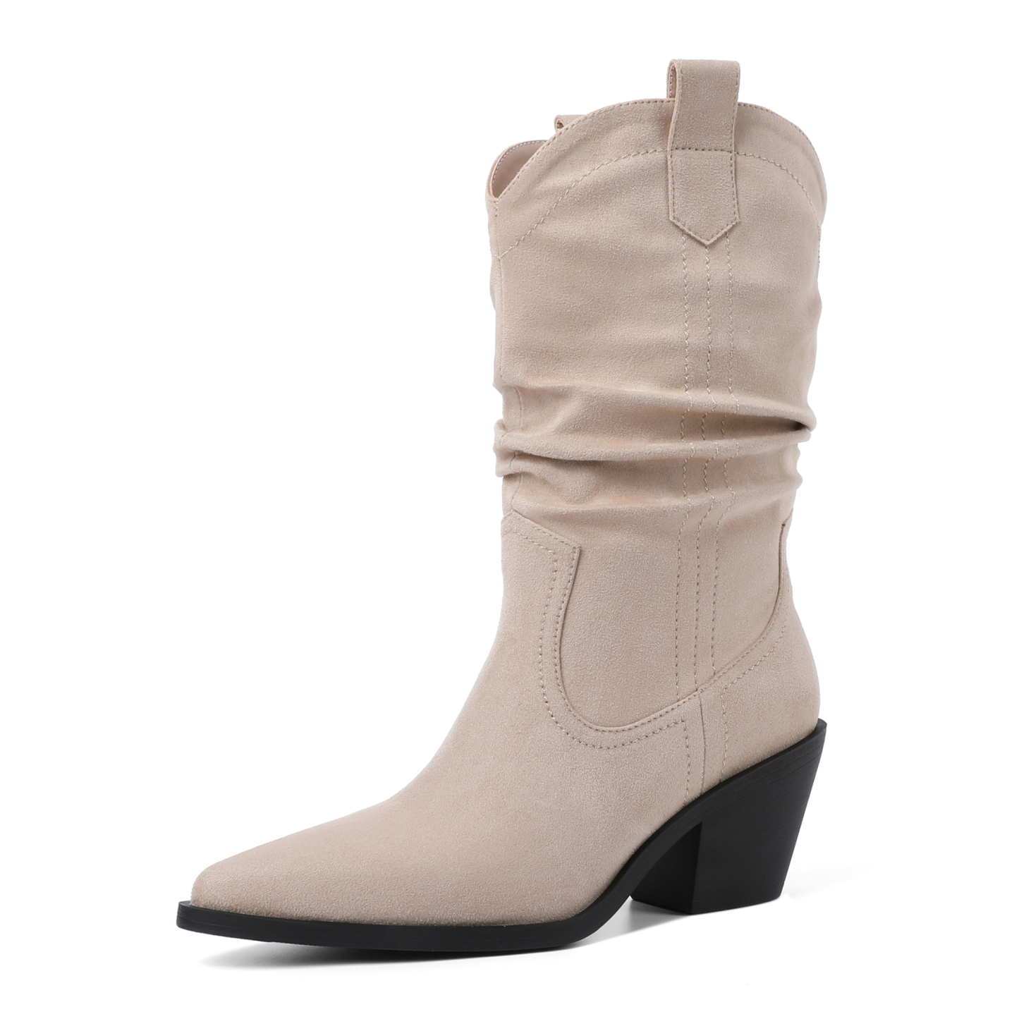 SAMMITOP Beige Faux Suede Cowgirl Boots with Chunky Heel