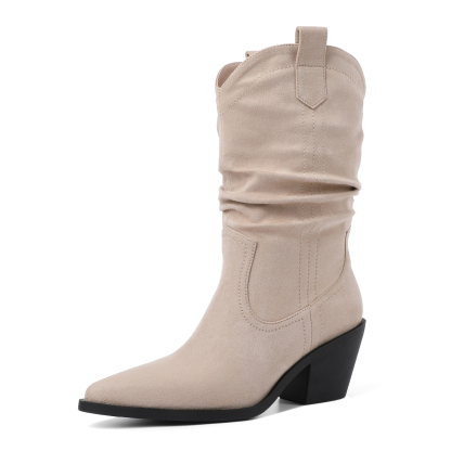 SAMMITOP Beige Faux Suede Cowgirl Boots with Chunky Heel
