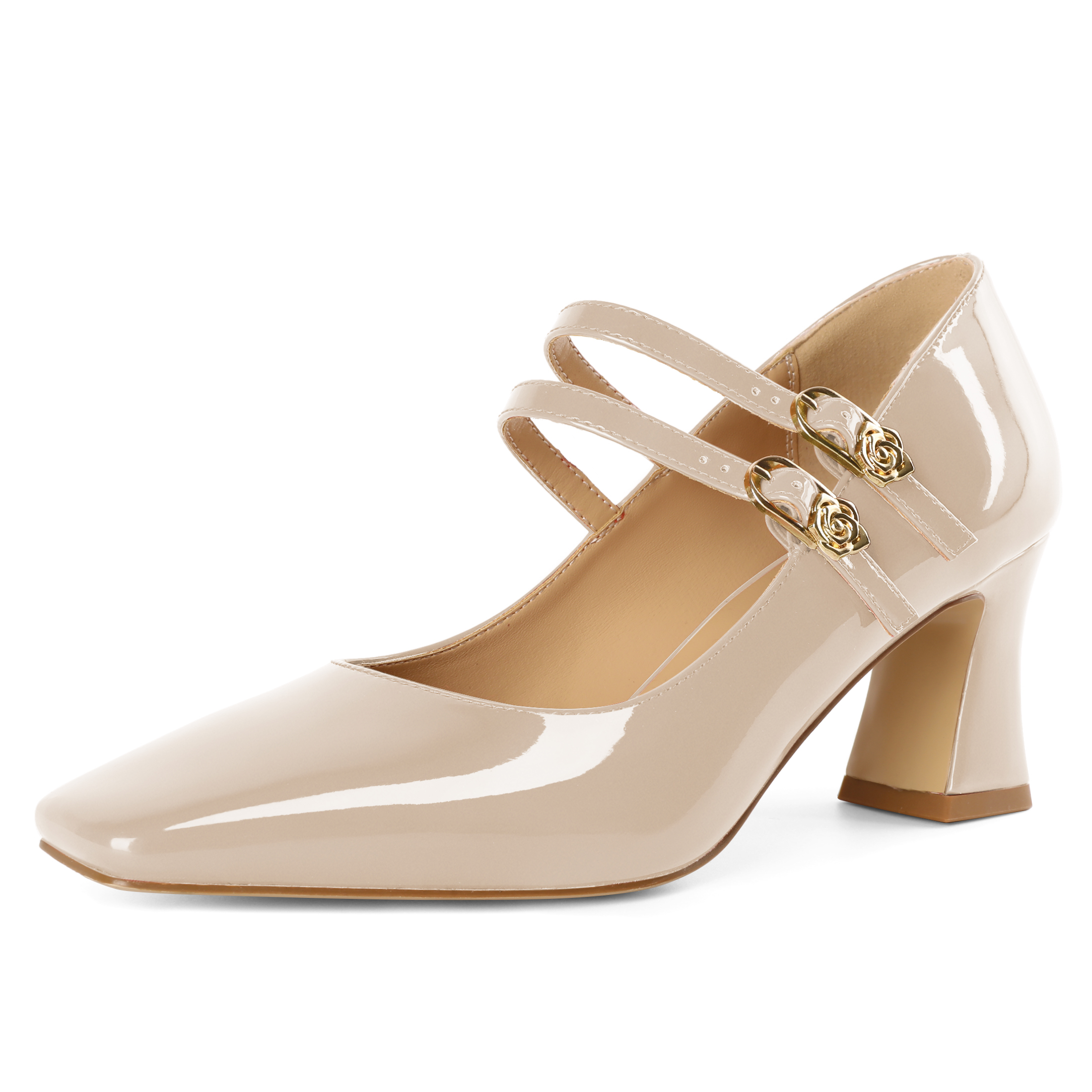 Beige 2.5" low heel Mary Jane shoes for women, vintage double-strap pumps with block heel for daily wear